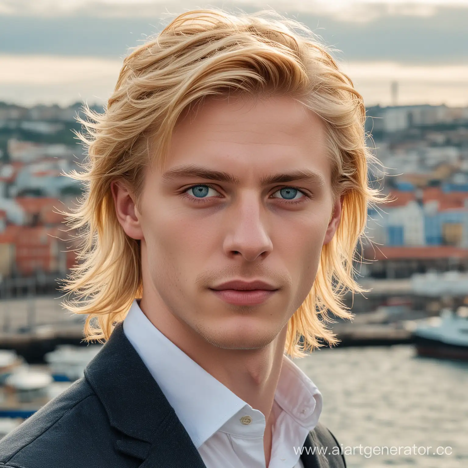 Высокий бледный молодой парень, золотистые волосы, голубые глаза, на заднем фоне портовый город
