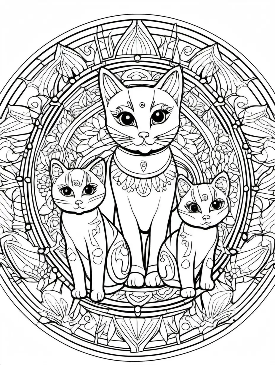 coloring page for children, mandala, cats images, white background, clear line art, fine line art