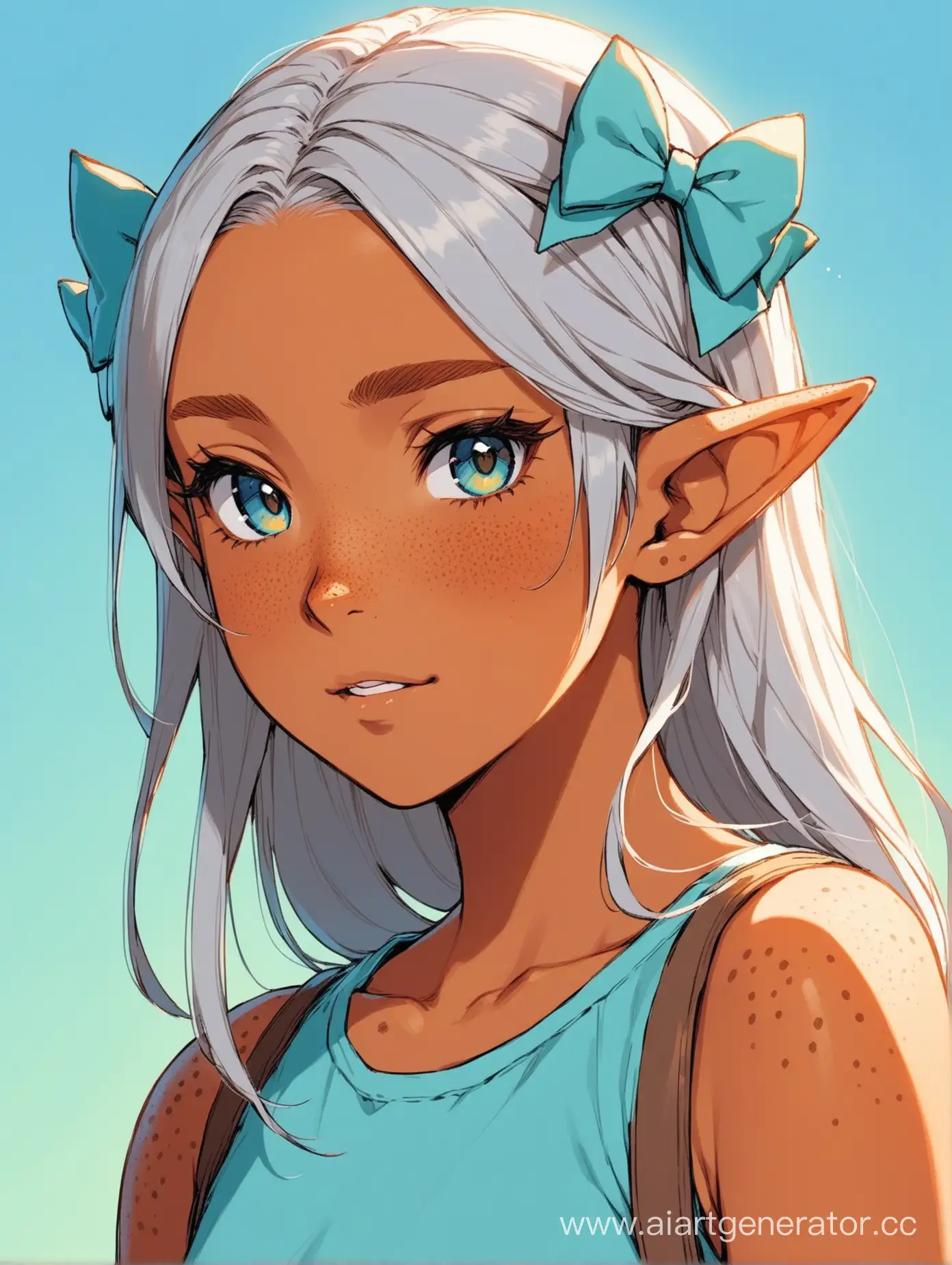 She has a blue bow on her head. An elf girl. She has ash hair and light blue clothes. Her skin is slightly tanned and has freckles. She is tomboy. She has scars on her face 