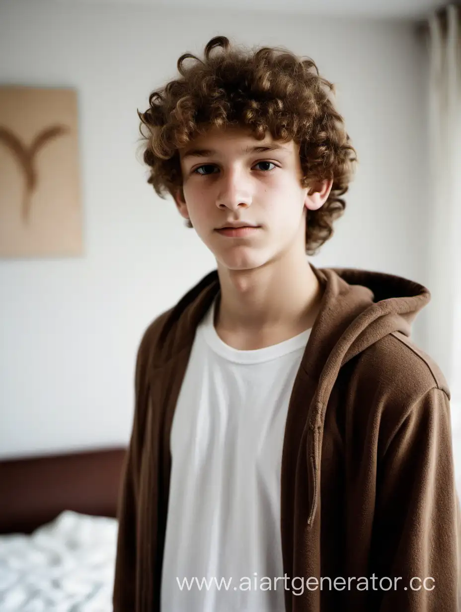 A portrait of a teenager boy 16 years old in his room, white russian brown curly hair 