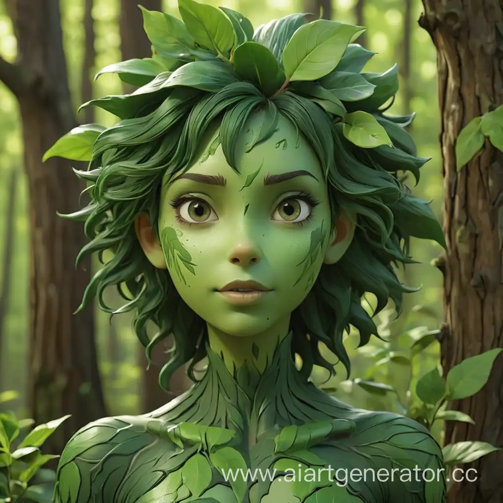 
Хуманизация дерева в латексную девушку с деревянной зеленой кожей с листьями вместо волос. Изображение сделать в милой стилистике