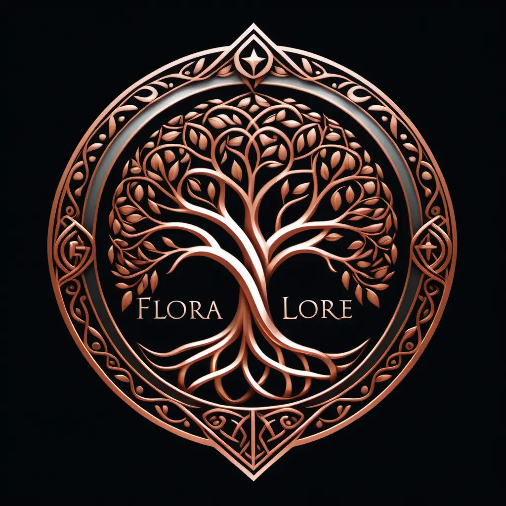 A logo.  A geometric tree of life, copper colored tree.  Write the words "Flora Lore" on a white ribbon the goes across the logo.  Create double borders around the logo with ornate designs.  Unusual shape logo.  Black background.