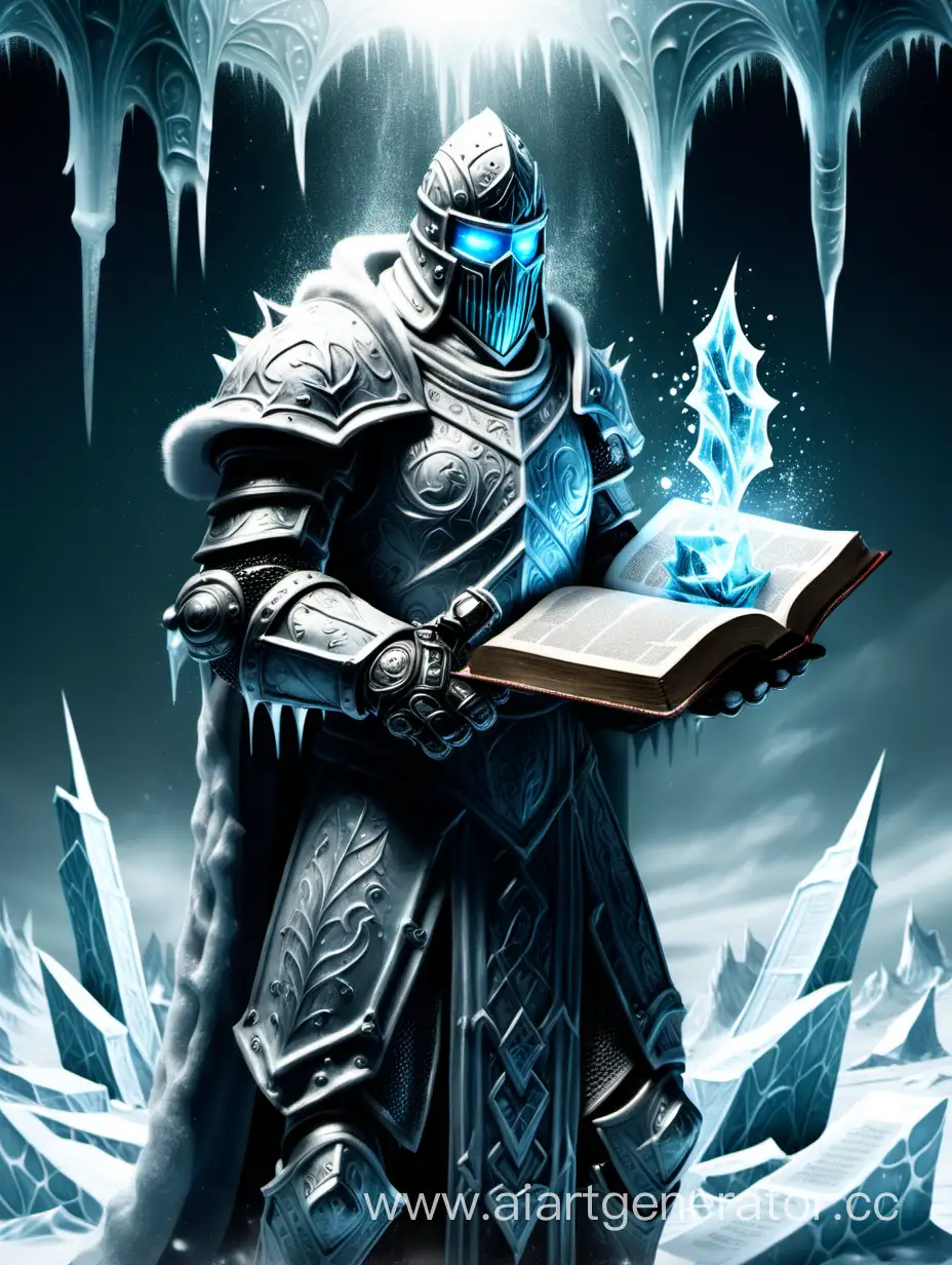 Ice Knight holding a Bible that has a spell of words coming out of it in an icy region