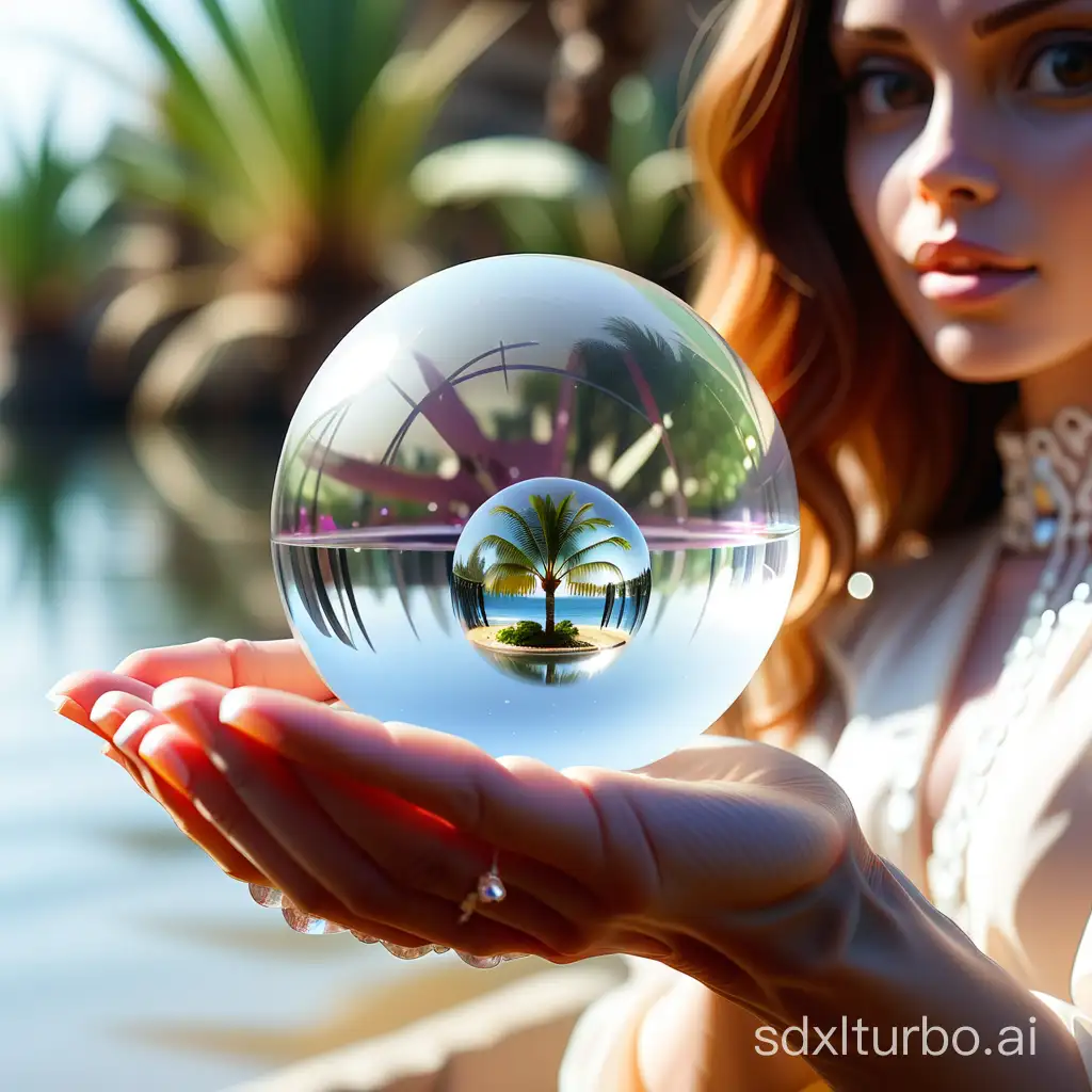 Crystal transparent ball on a woman's palm.
