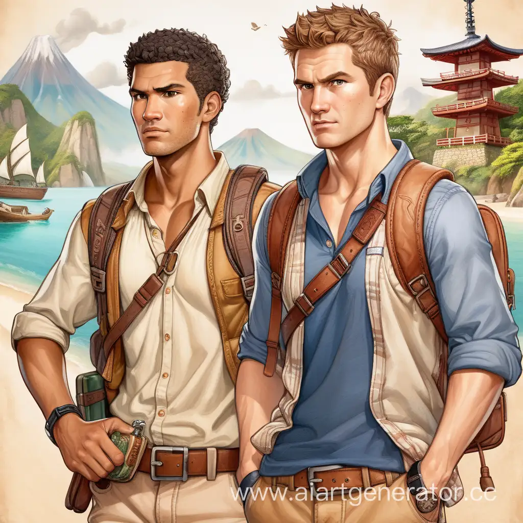 Два парня, один парень метис, один белый парень, одеты как путешественники, стиль uncharted, задник в японском стиле