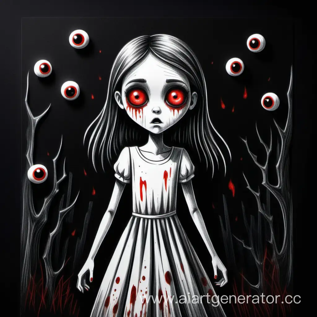 Нарисуй страшный детский рисунок на черной бумаге, со страшной девушкой в белом платье и с красными глазами