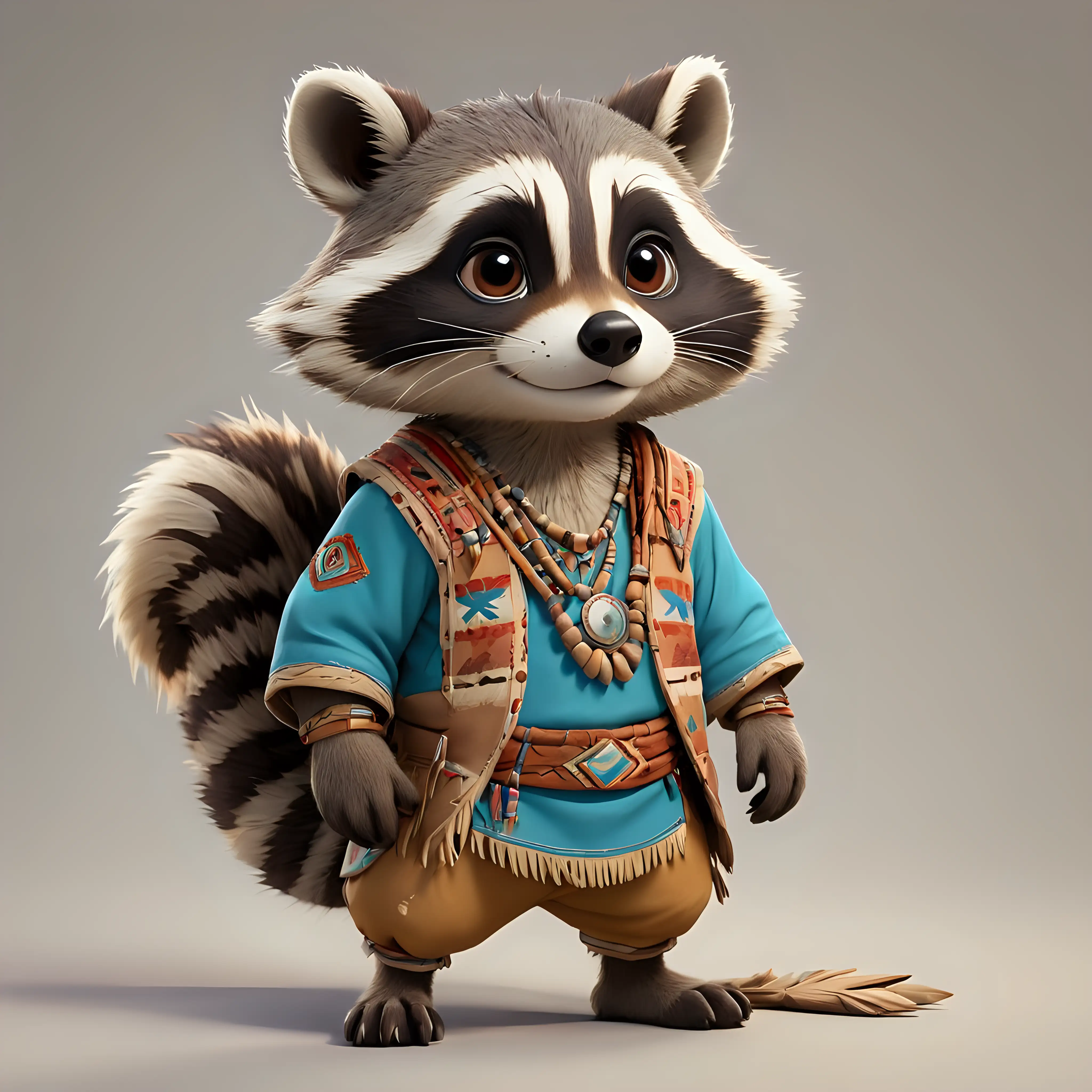 A cute raccoon in cartoon style, full body, American Indian clothes, with clear background