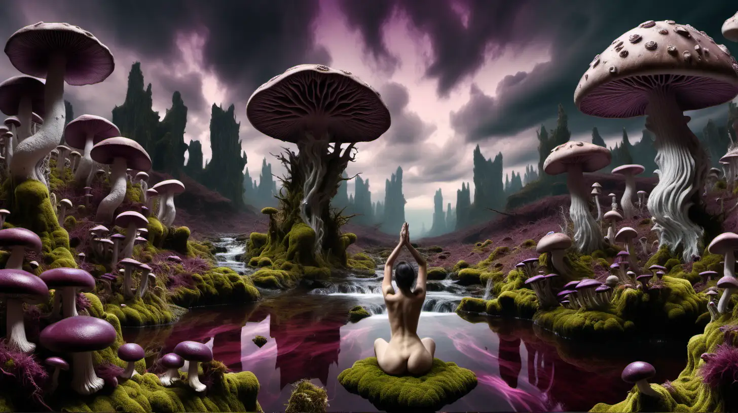 Psychedelic Landscape with Nude Woman Mushrooms and Flowing River
