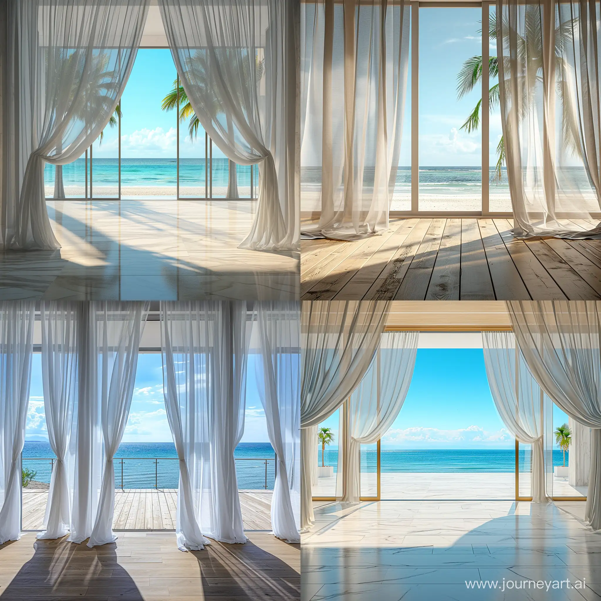 Empty room in luxury summer beach house with sea view behind curtains, 8k, HD