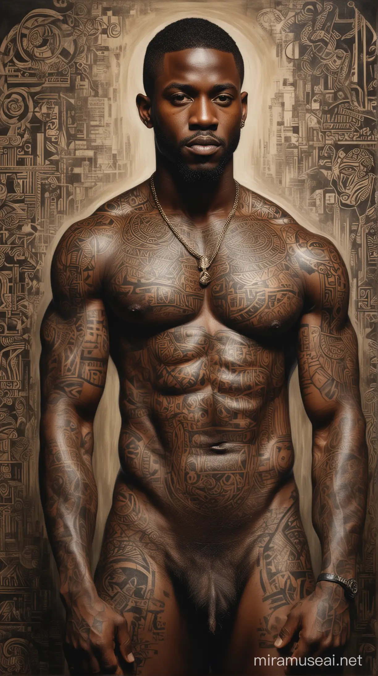 Provocative Modern Painting Tattooed Black Man as Protagonist