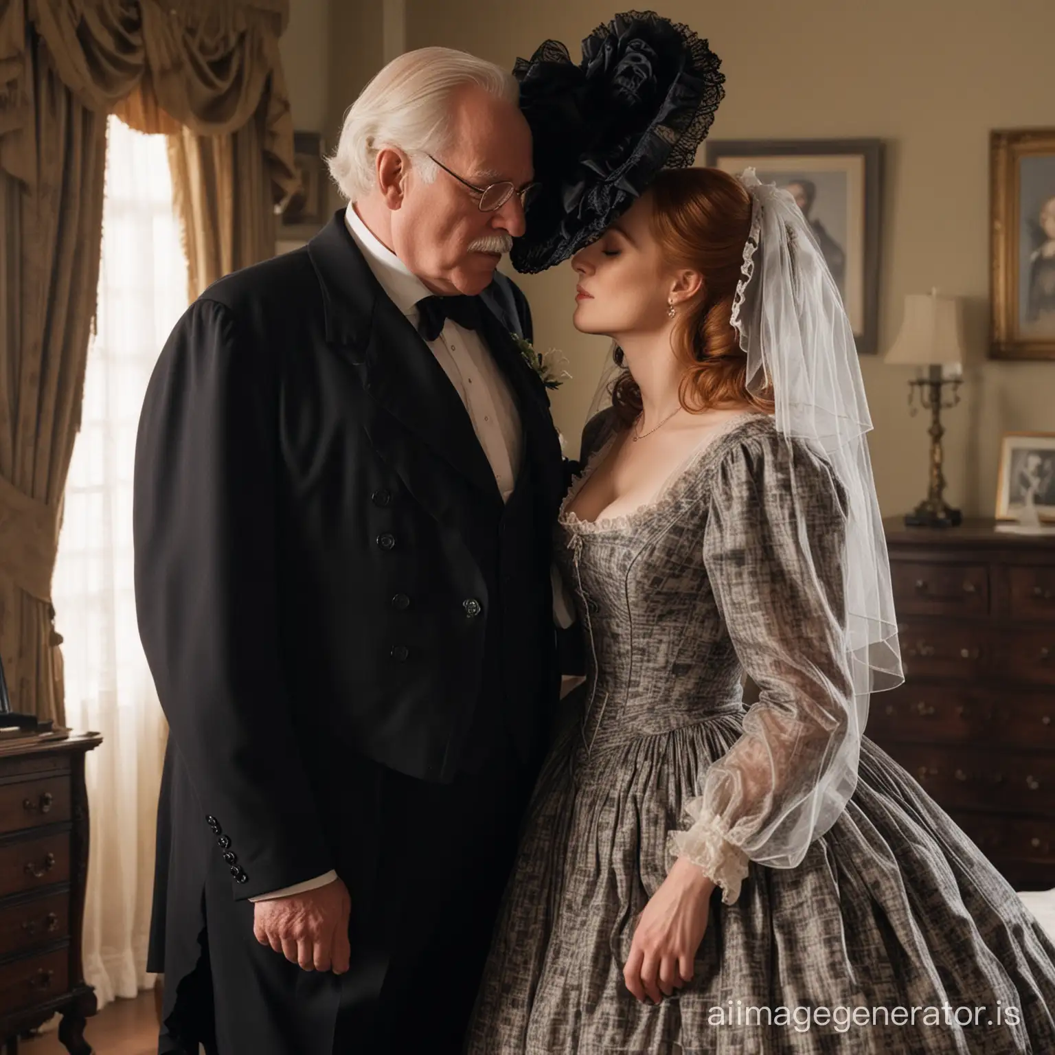 Dana Scully wearing a black floor-length loose billowing 1860 victorian poofy crinoline dress with  a frilly bonnet kissing an old man who seems to be her newlywed husband
