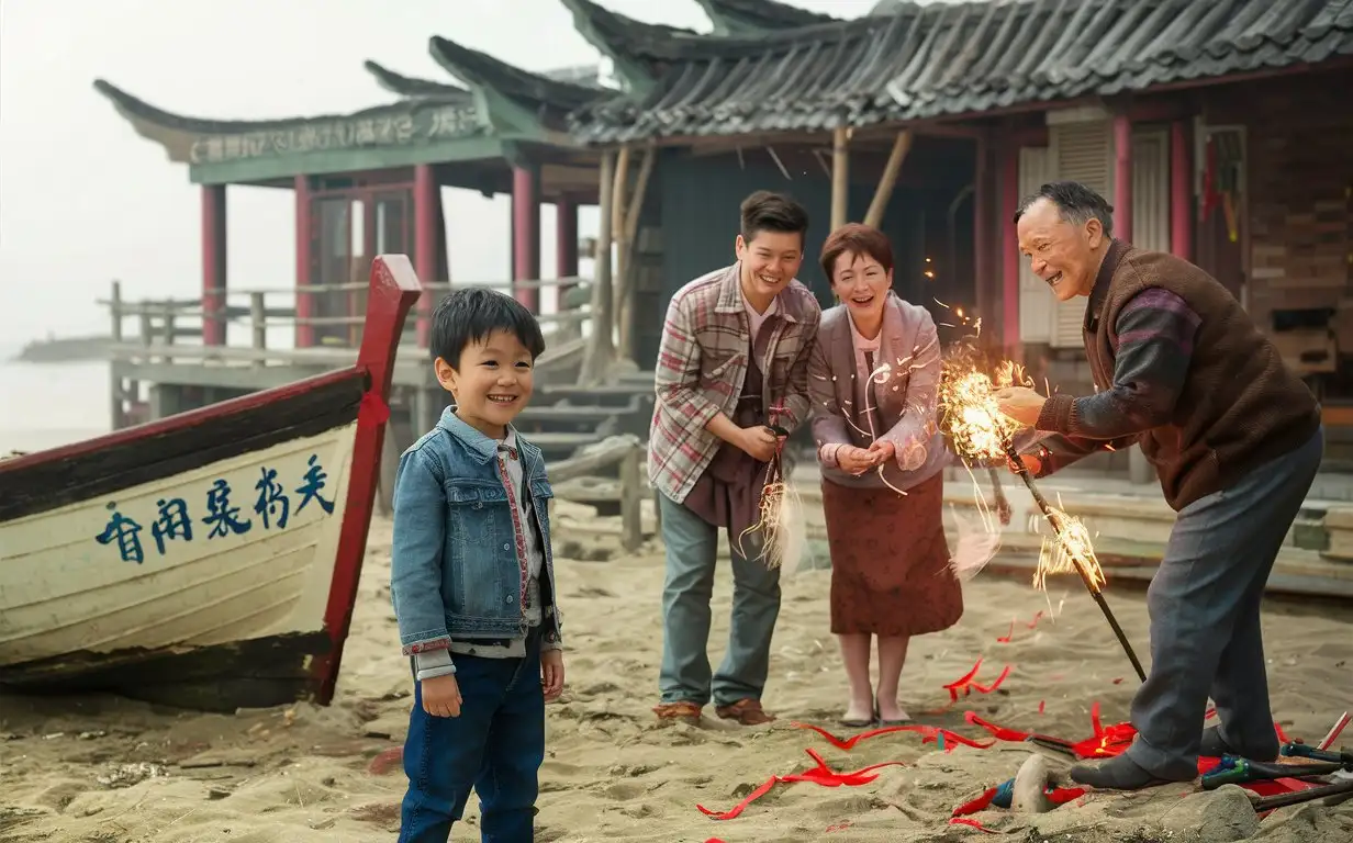 中国小男孩的家在海边，海边有一个小木船，船的侧面有一幅中国的对联。中国的爷爷在旁边放鞭炮，中国爸爸和妈妈笑哈哈。