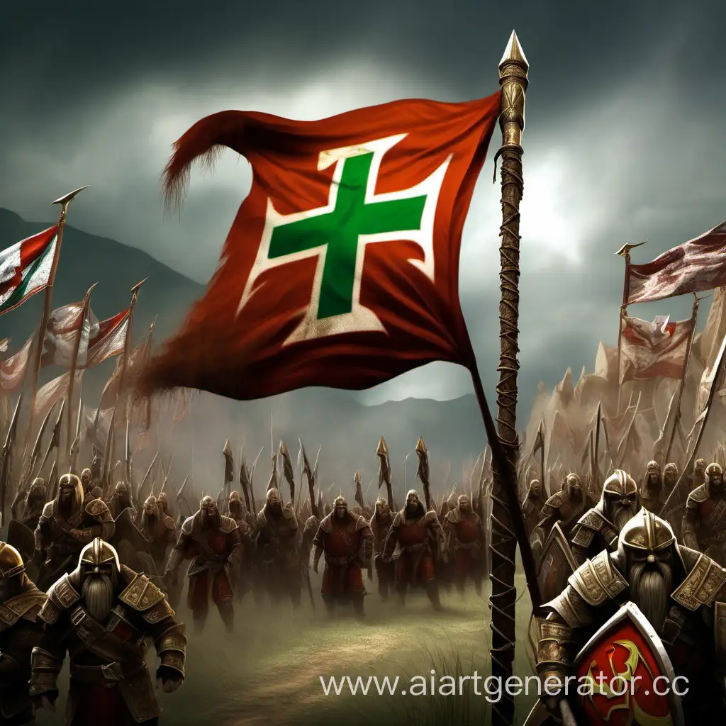 Seven-Eleven, battle flag icon, dwarf karak background, realistic style, warhammer fantasy battle style