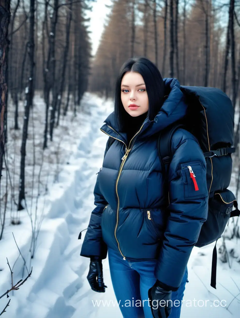 грудастая девушка в зимнем черном пуховике, синие джинсы, в русском лесу, зима, снег, рюкзак, во весь рост, черные высокие ботинки, прическа каре