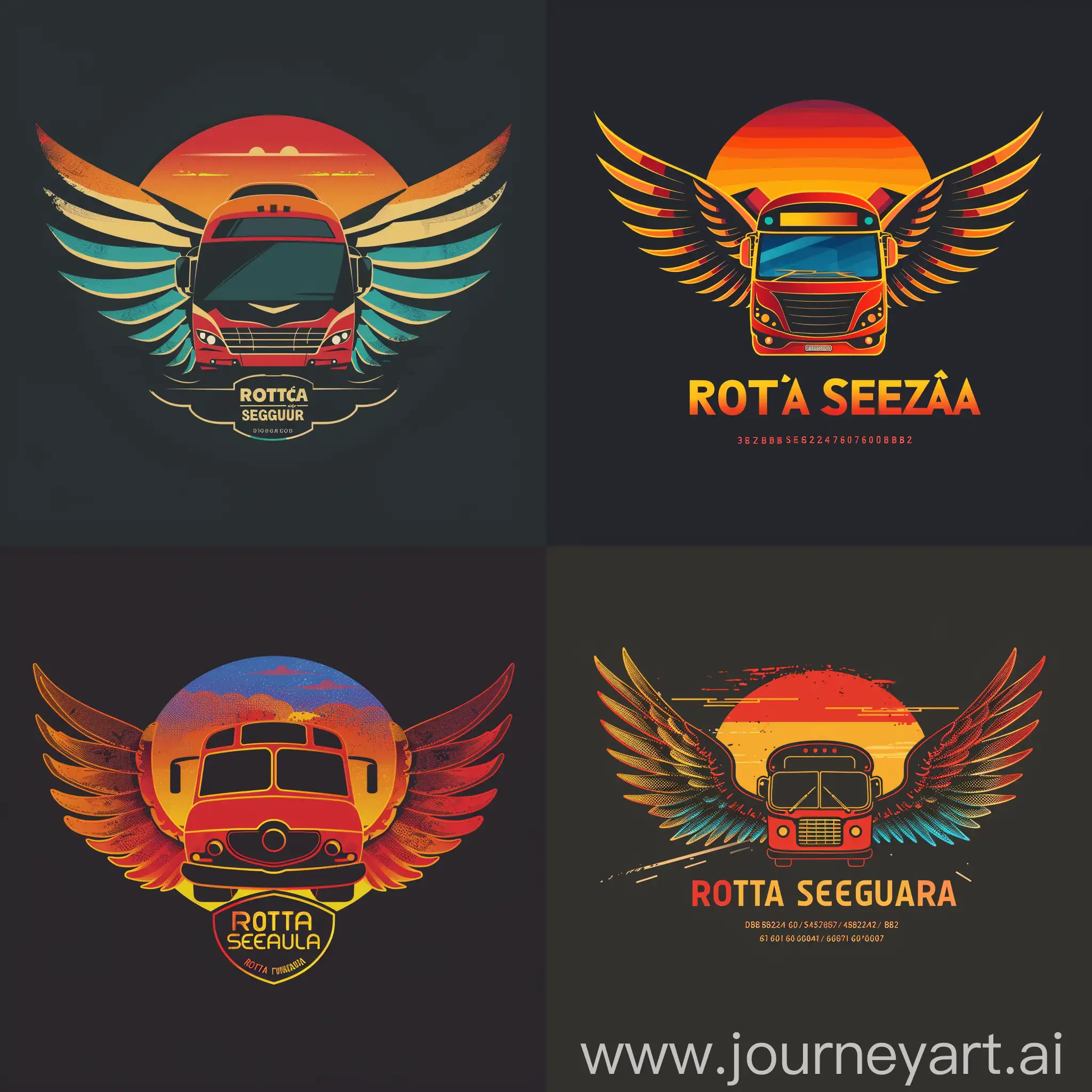 Create a logo for a bus company, for an internal project that focus on the passenger's safety. We have some business pillars that goes around safety, take care with passengers, vehicle care, excelence in travels. Name of the project is "Rota Segura" and the color codes I would like to use are: d41b24 , b0b1b2 , 606062 , 060507 , ffffff. Use colours, be creative, 3d logo, wings, sunset, badges,  red bus, roads

