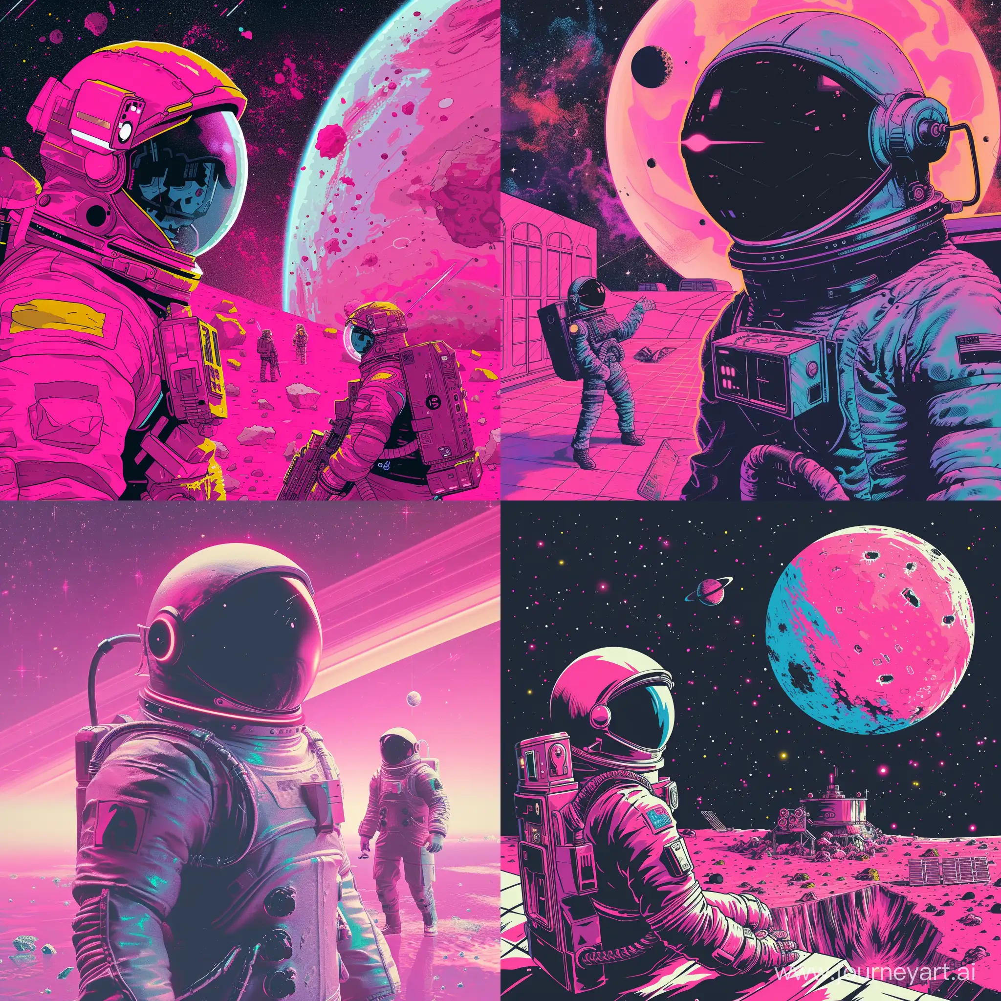 pink space with cyberpunk and astronaut