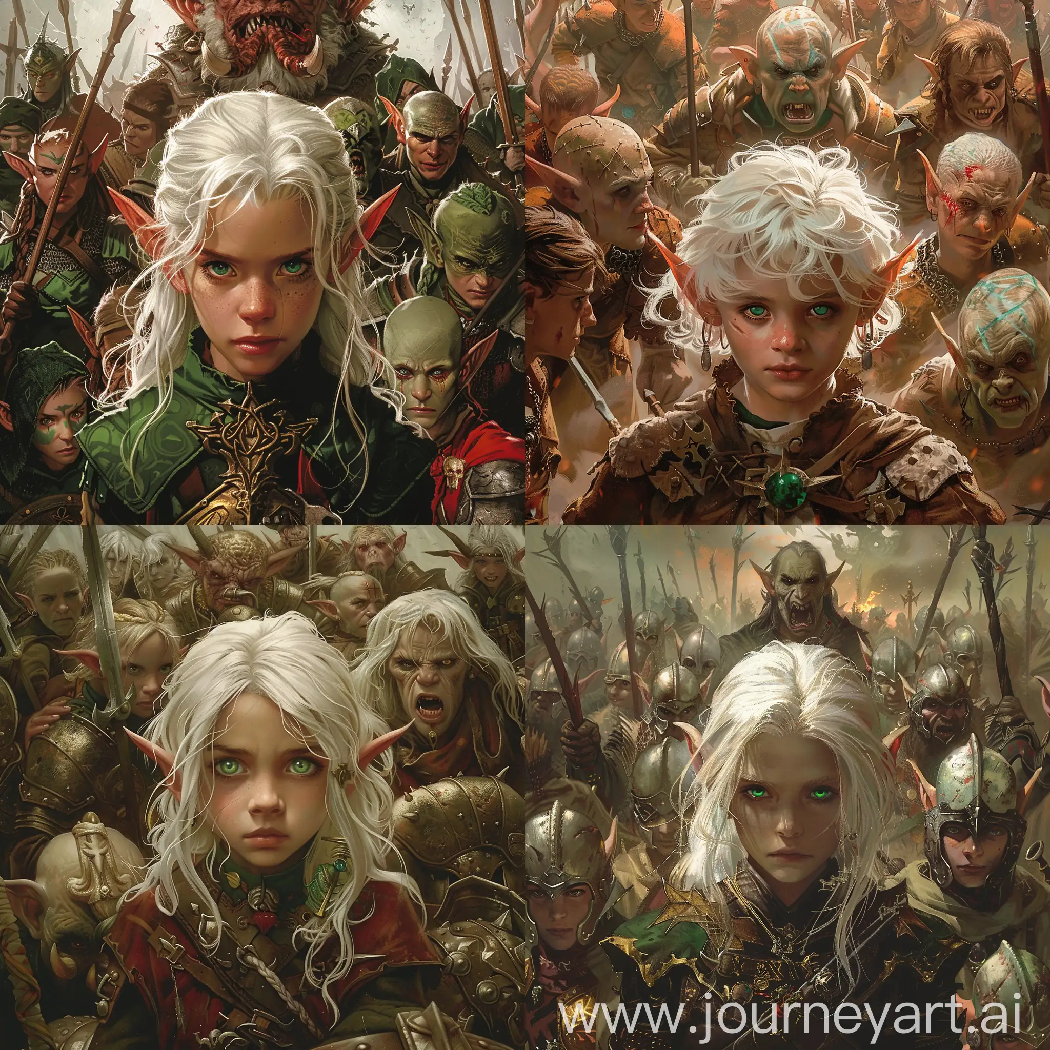 a young elf with white hair and emerald eyes surrounded by a company of warrior elves with a sadistic goblin figure in the background