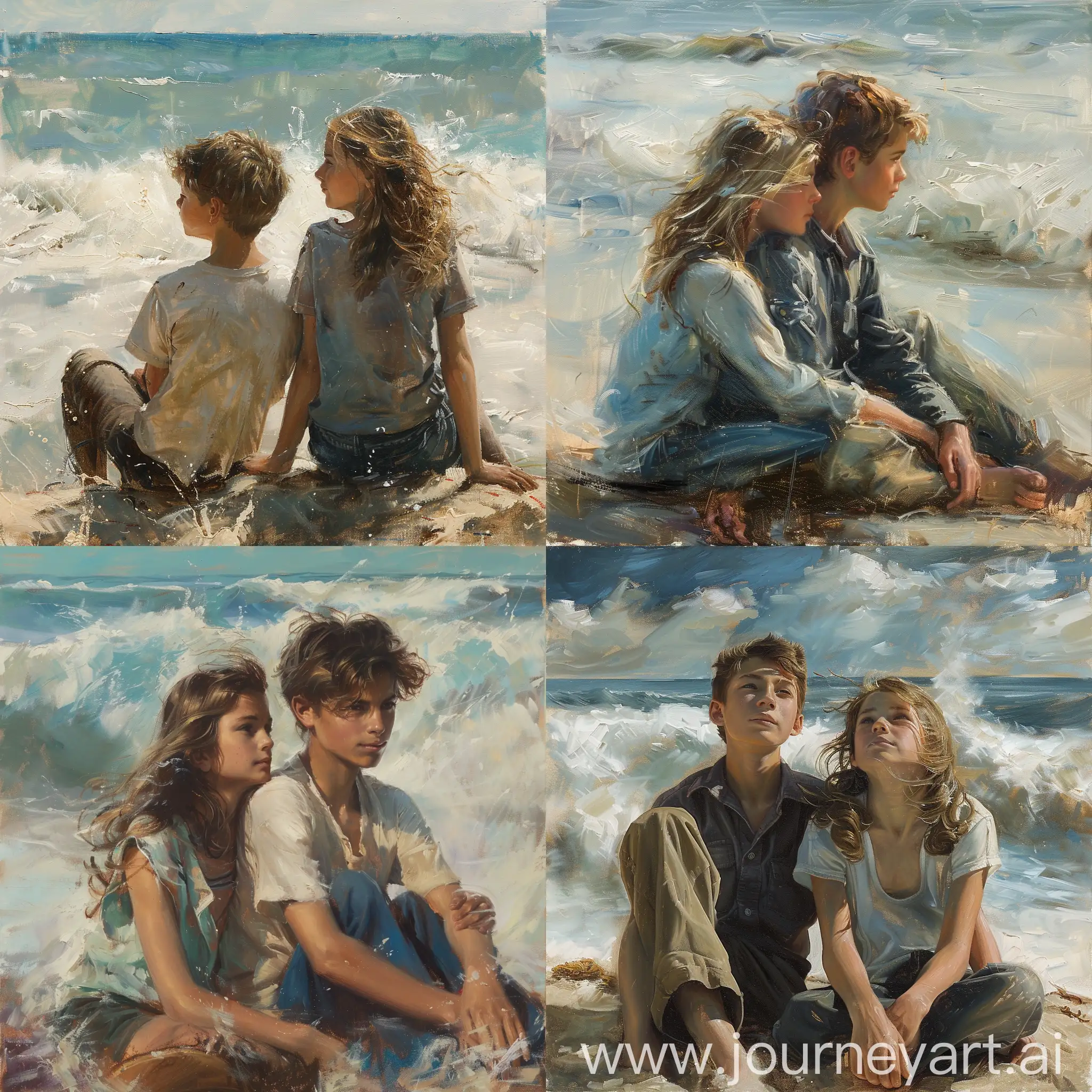 On a windswept beach, a boy and a girl sit side by side, their faces angled towards the crashing waves, the salty breeze tousling their hair, their expressions a mix of serenity and joy, as they share a quiet moment together, Painting, oil on canvas, employing a diffused technique to soften the edges and create a sense of movement in the scene,
