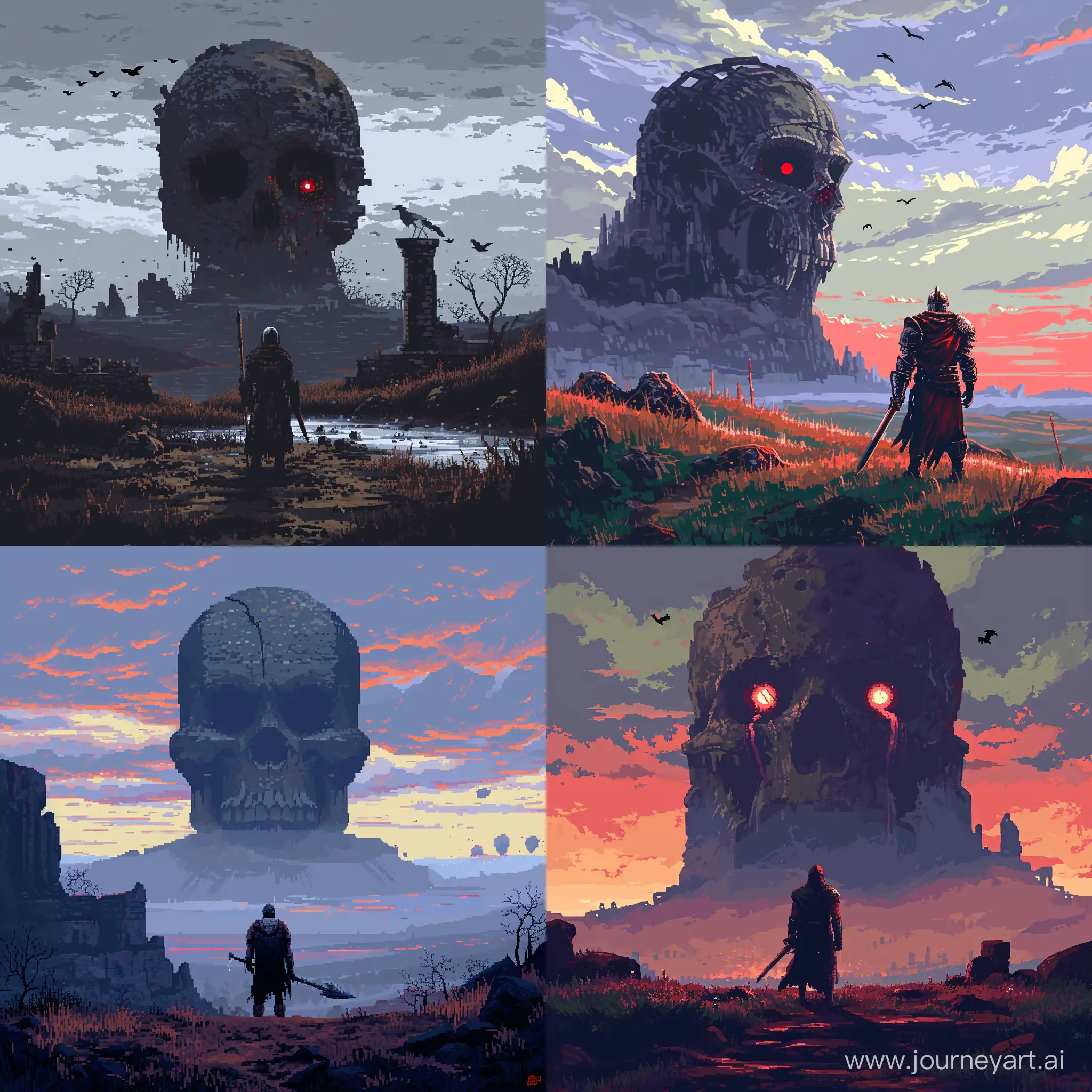 64 bit pixel art, ::1.5. a warrior stands in a desolate land with a giant skull looming above them. The warrior is equipped with a sword and shield, there is a skull with glowing eyes in the background. The scene is set at dusk, there are crows flying around. --v 6