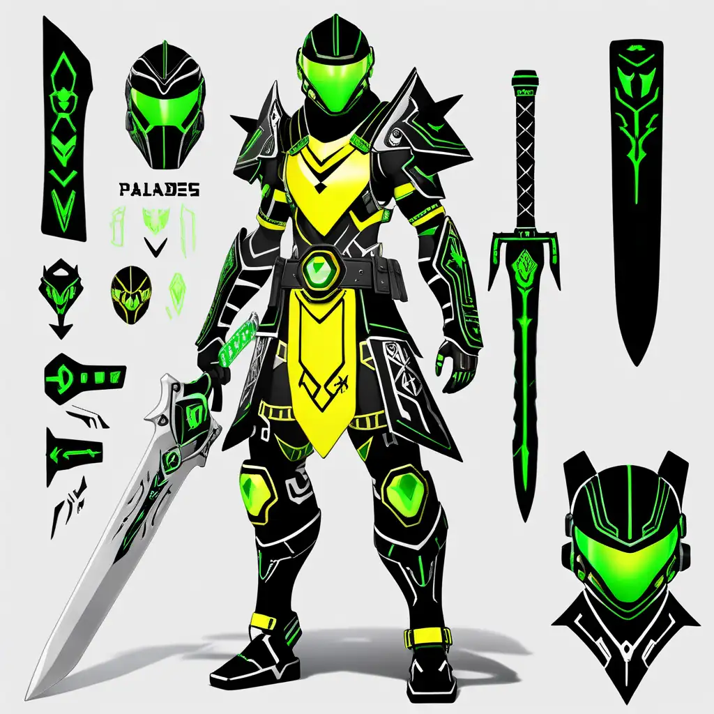 Character-B design sheet, full body of a Magical Paladin Warrior with power ranger style helmet and a mechanical glowing ninja mask and intricate black white and green cyberpunk runic clothing with yellow glowing nordic runes,with a massive glowing straight sword in a style reminiscent of fortnite character skin, character concept --chaos 0