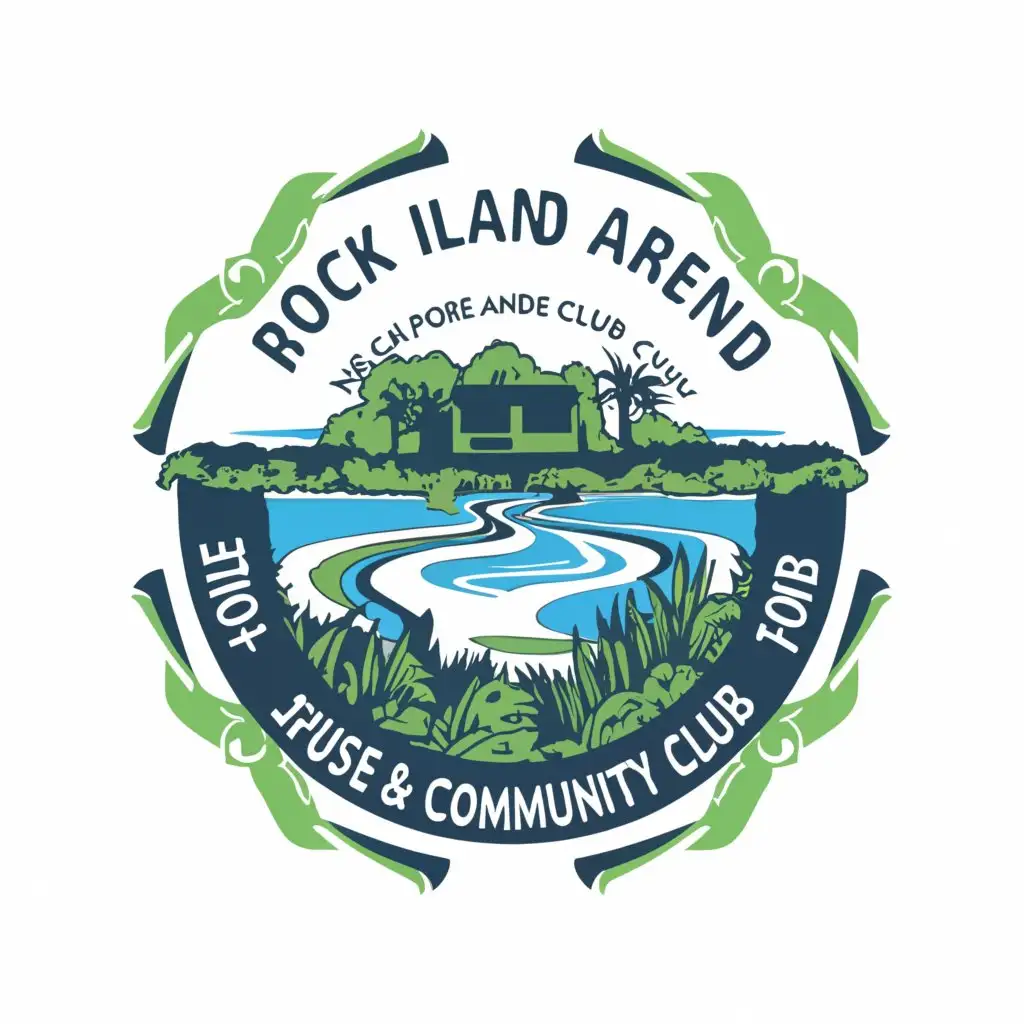 a logo design,with the text "Rock Island arsenal spouse and community club", main symbol:River with a flat island in the middle,complex,clear background