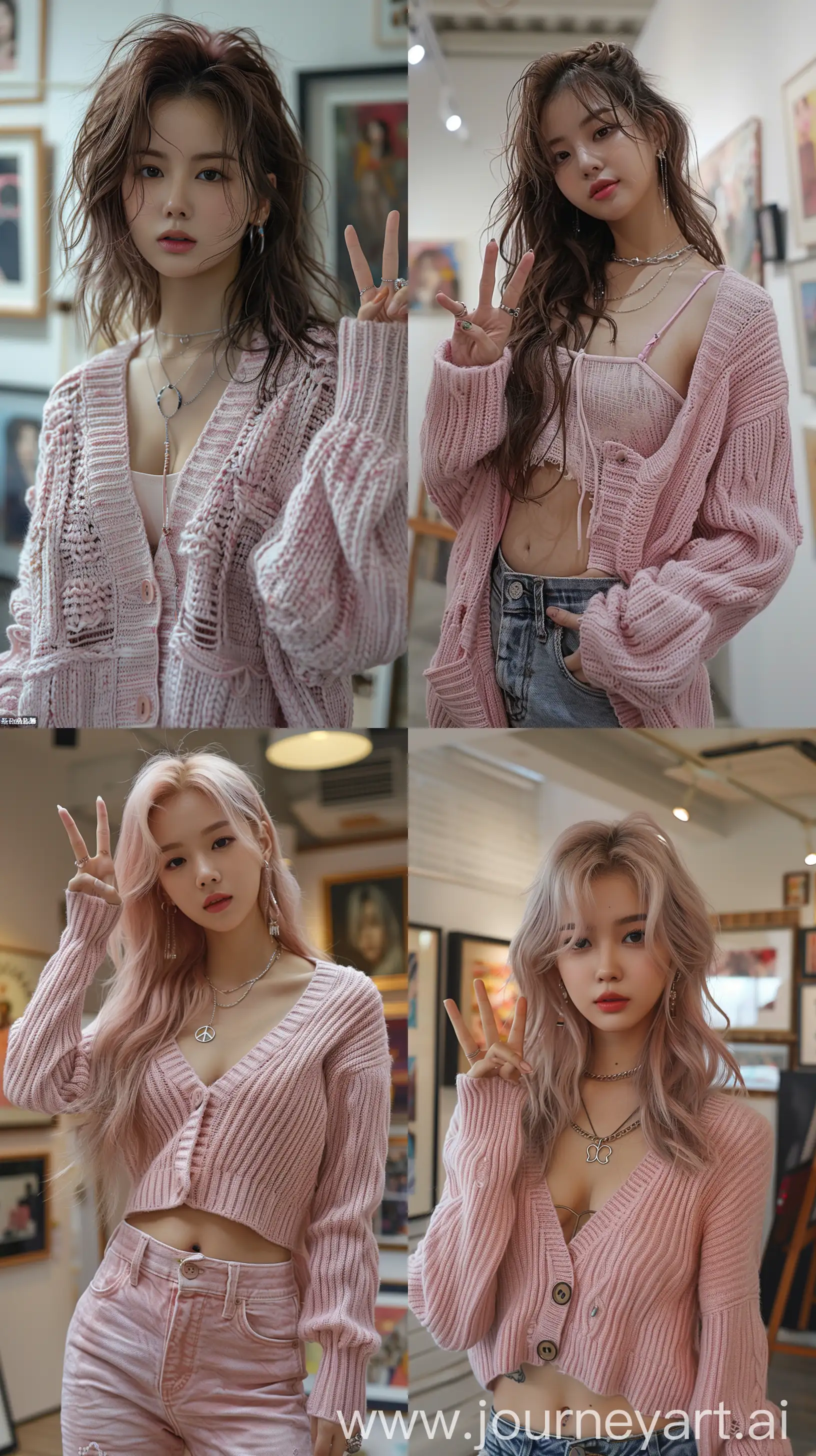 a blackpink's jennie wearing soft pink cardigan, wolfcut hair, hand peace sign, inside art gallery,  --ar 9:16 --stylize 750