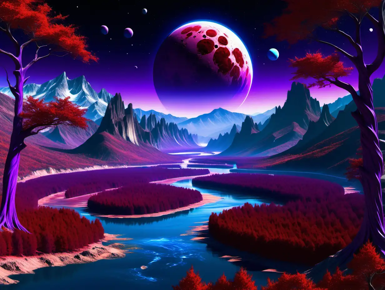 A picture of a fall landscape with trees, mountains, and a river, except the trees have purple leaves, the mountains are blue, and the river is red, on a planet with three moons and a ring system, alien and surreal digital art