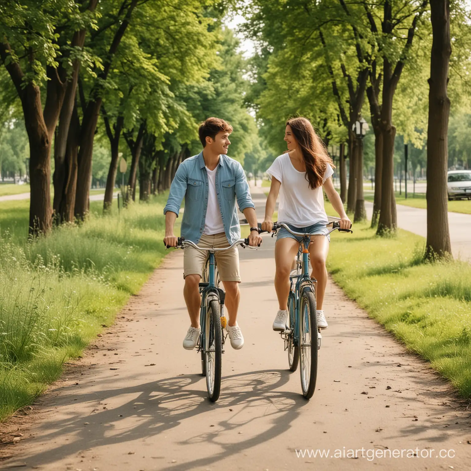 молодая пара гуляет в парке на велосипедах летом 