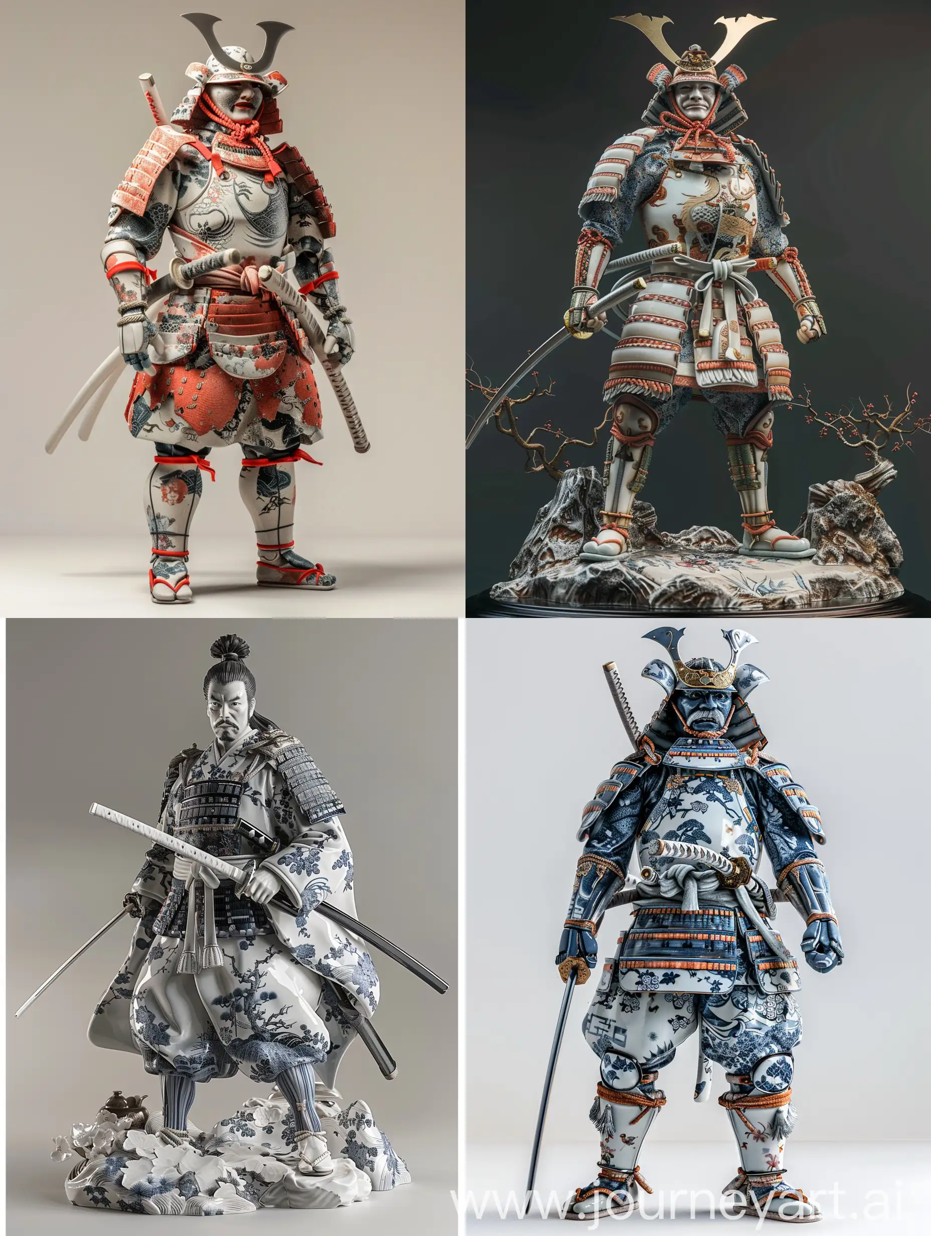 samurai made of porcelain, Imari ware, hyper realistic, 3d,