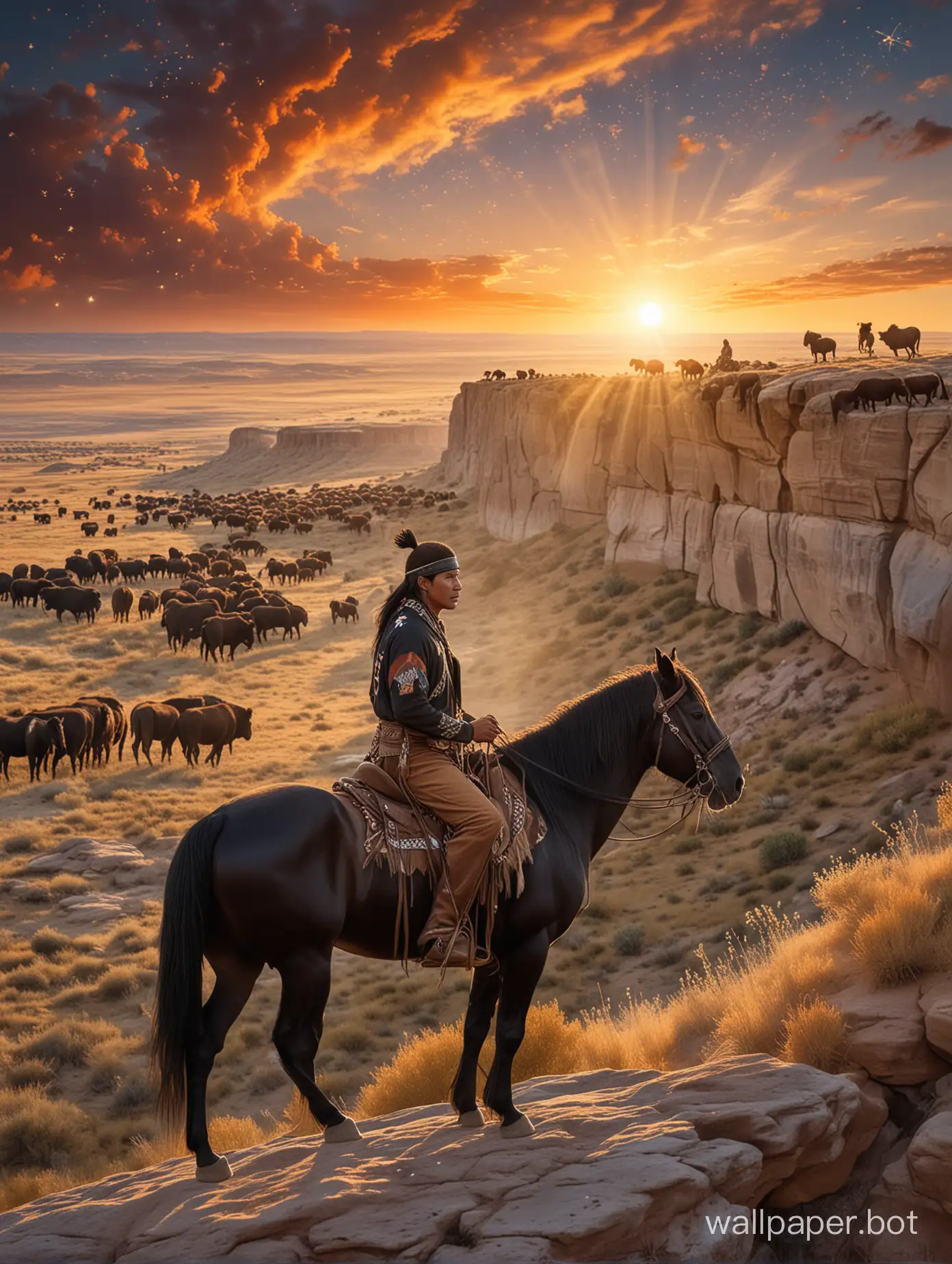 Native-American-Man-Riding-Black-Paint-Horse-Overlooking-Buffalo-Herd-at-Sunset