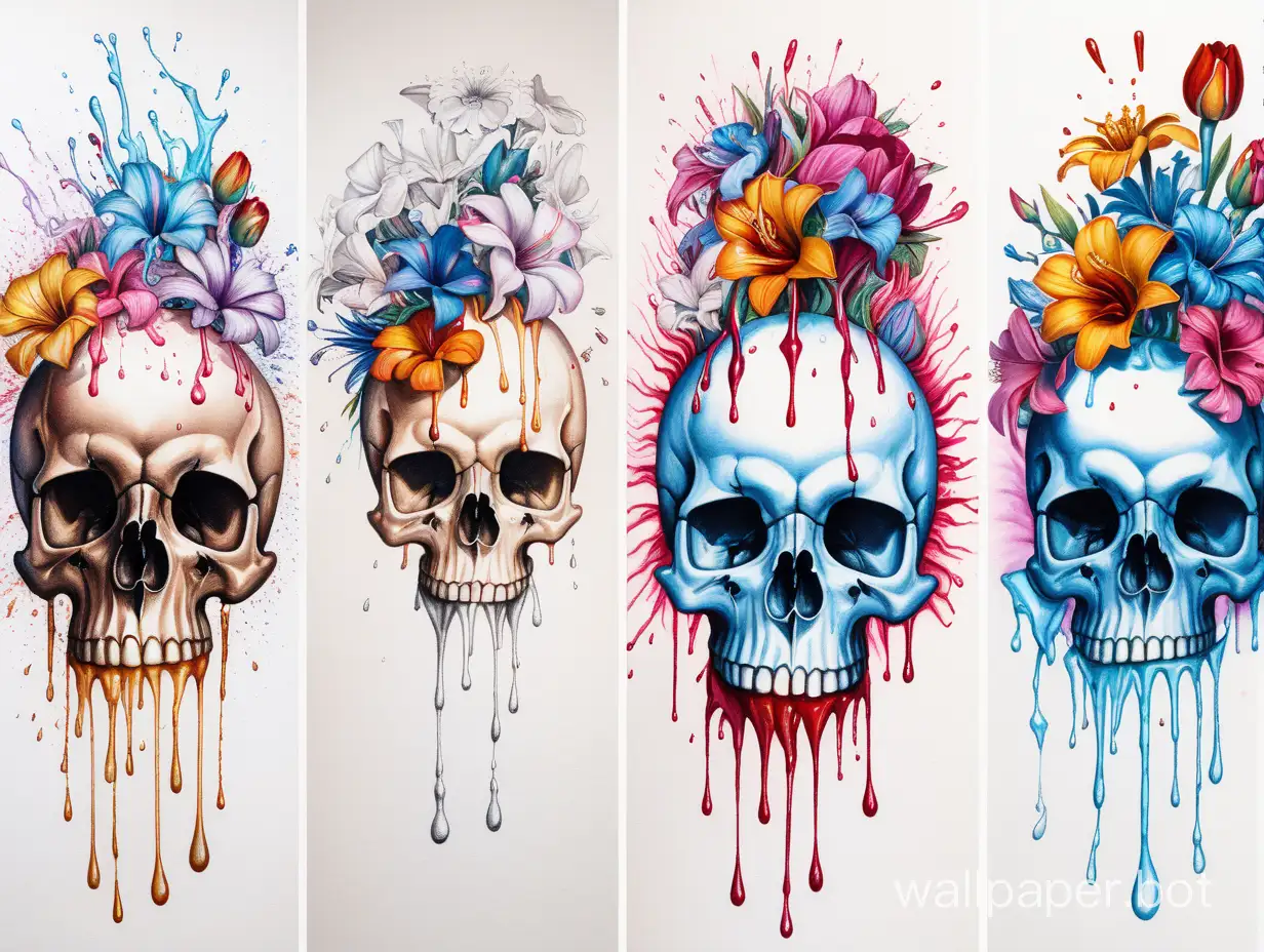 some sketches of a explosive skull with hipercolored flowers, Explosive dripping,   in the style of edgy surrealism double vision, commission for, tanya shatseva, rupi kaur against a flat white background