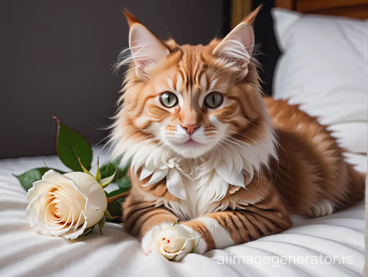 Cuddly-Maine-Coon-Kitten-with-White-Rose-on-Bed-Studio-Photo