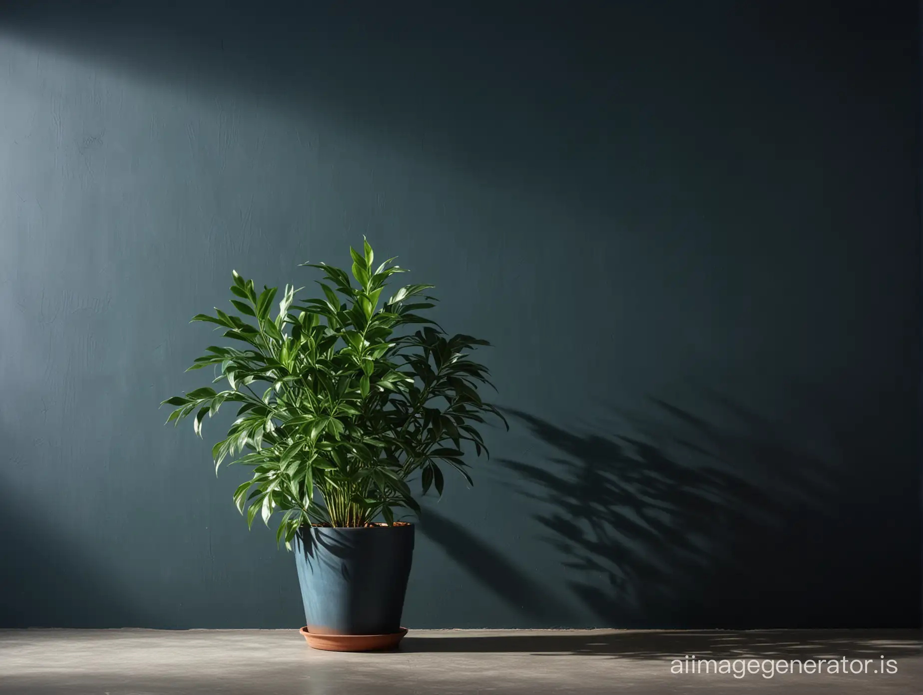 bluish dark plain background wall having shadow on it, green leafed plant on pot beside