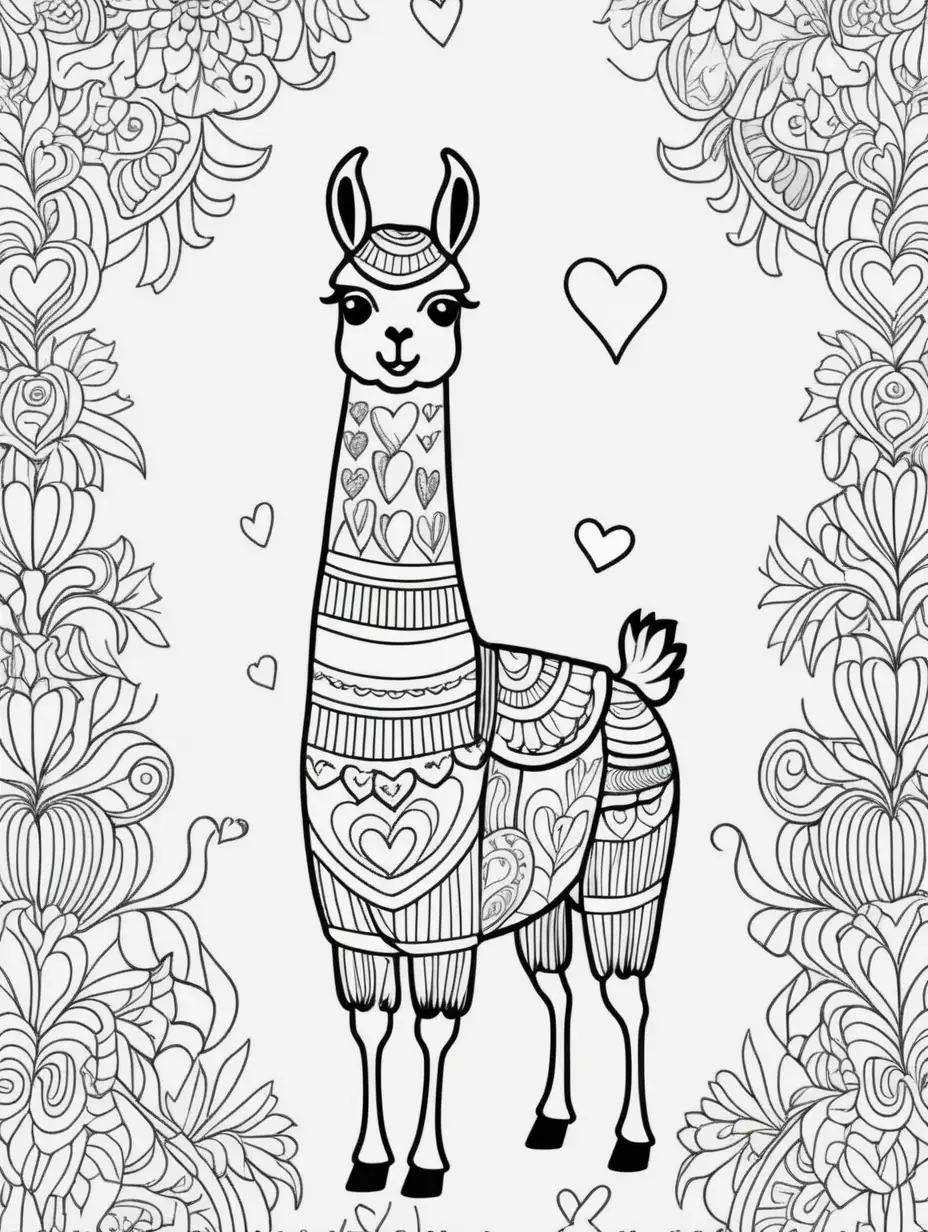 clean black and white, white background, adult coloring book style drawing, 2D, simple line drawing, vector, llama with heart repetitive pattern