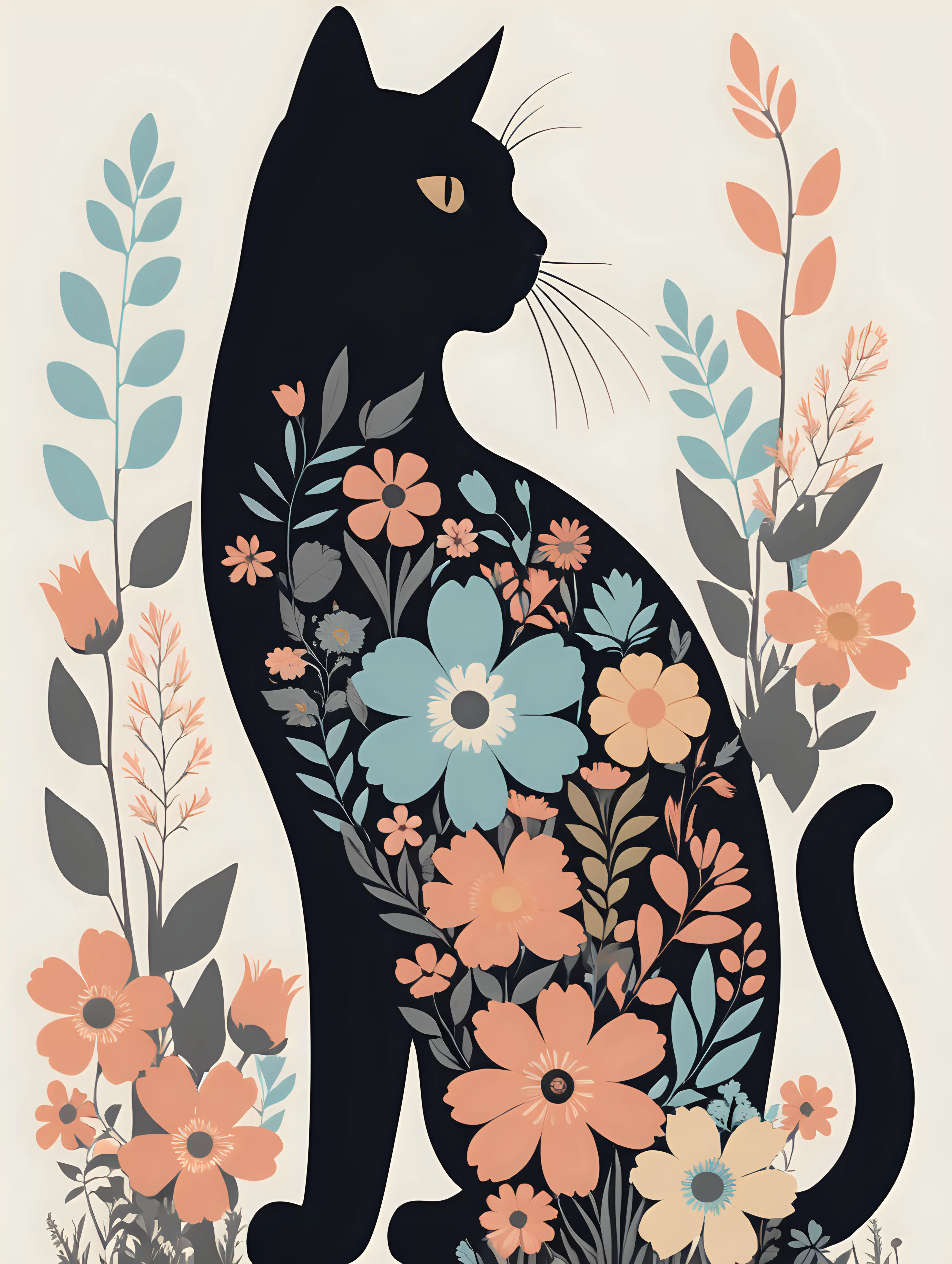 Realistic Illustrated Flowers Filling Cat Silhouette in Retro Colors