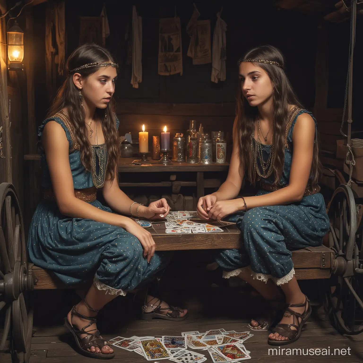 Two gypsy young middledchool girls arround 11 years, one in traditional rich dress and one in used worn-out sports leggings and cropped top, sitting at a table inside a wagon, playing tarot cards, mysterious ambience at night, high quality image, very detailled