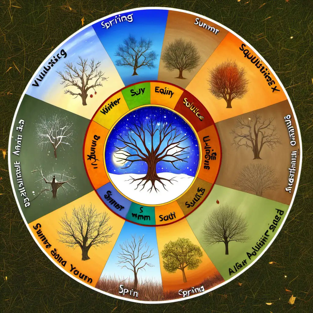 wheel of the year showing winter solstice, spring equinox, summer solstice, autumn equinox