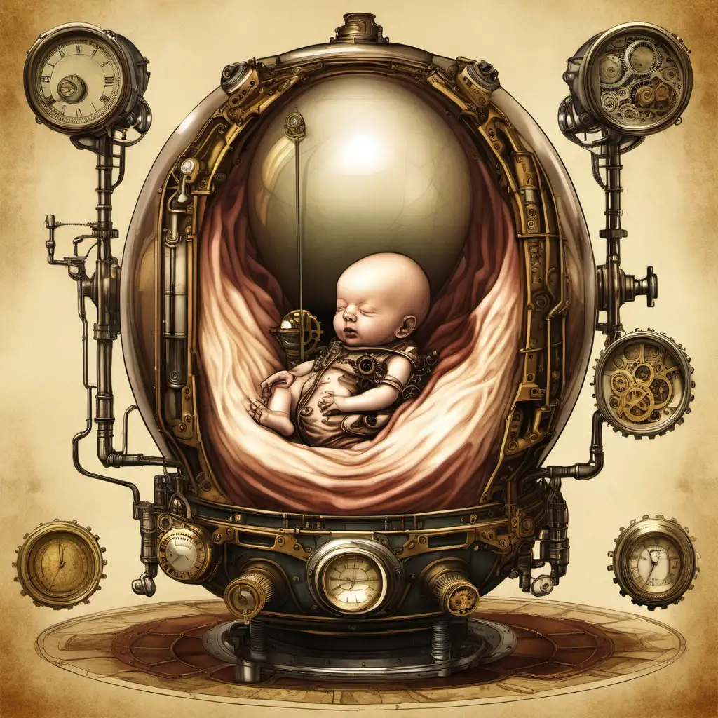 A fetus in a steampunk womb.