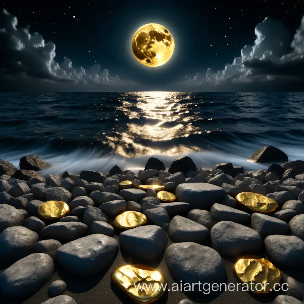 Луна посередине моря рядом с водой, на переднем плане камни рядом с ними разлито золото , золото светится от луны , от луны идет дорожка света золотого . ночь, по бокам облака