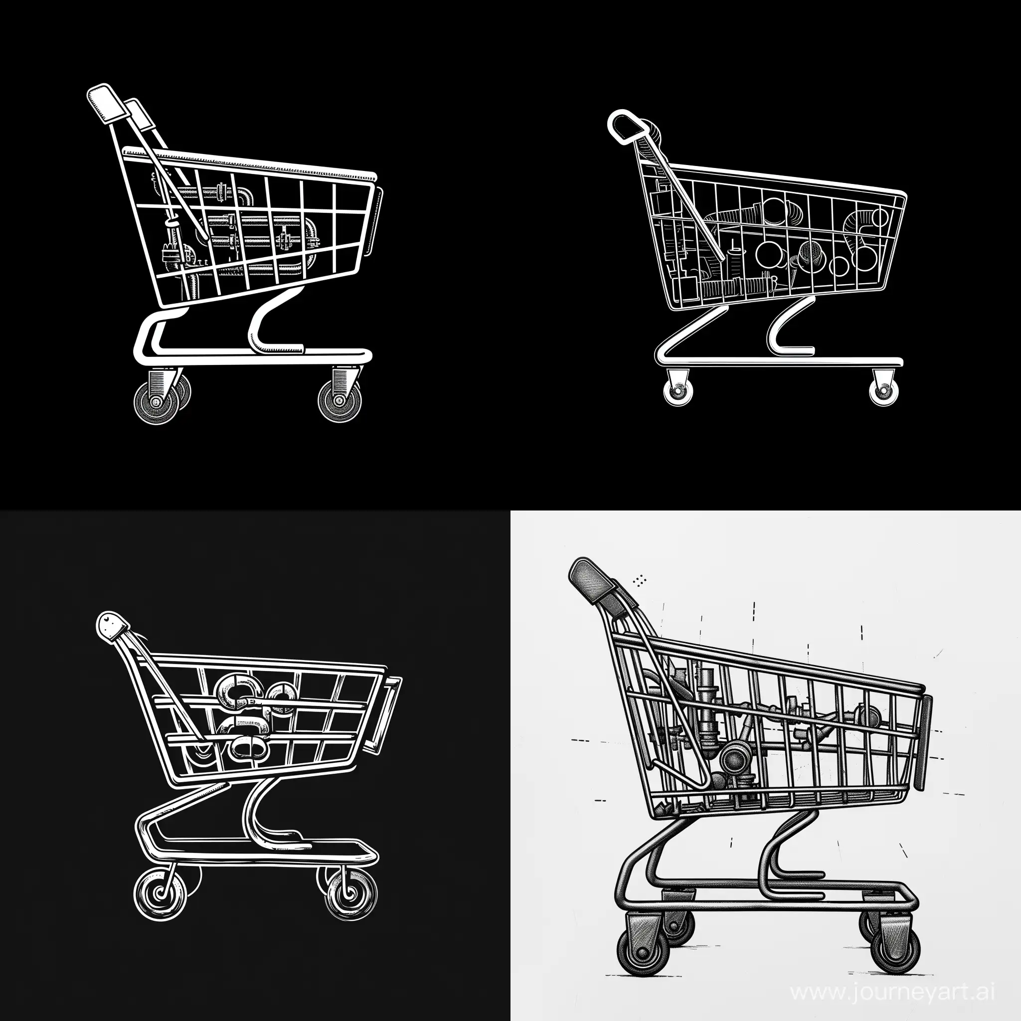 Minimalistic-Shopping-Cart-Logo-with-Pipes-BW-Vector-Illustration