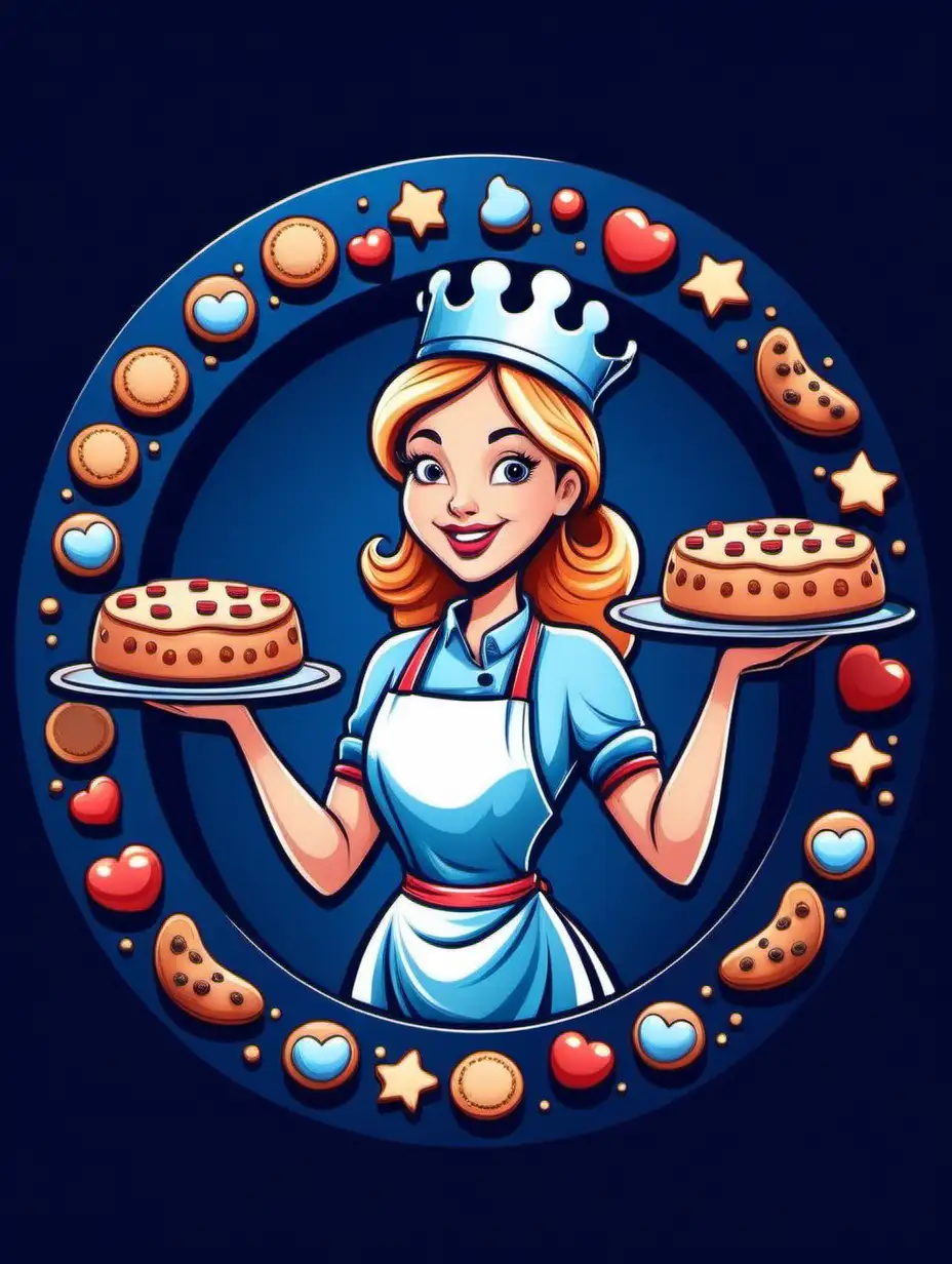 Baking Queen in Circle Whimsical Cartoon Illustration on Dark Blue Background