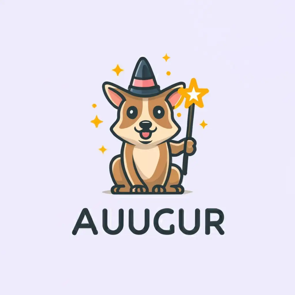 a logo design,with the text 'augur', main symbol:Australian Cattle dog sitting down with a wizard hat and a wand,Minimalistic,clear background