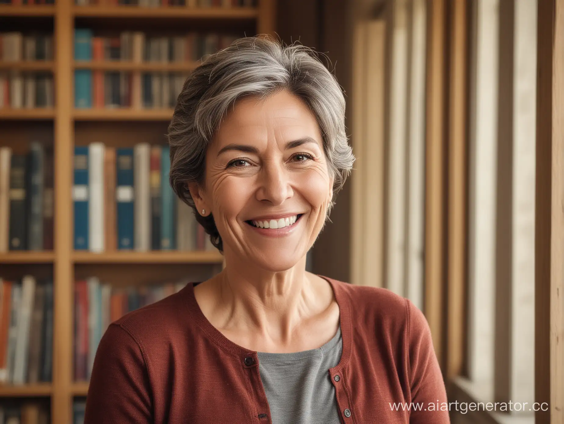 Joyful-55YearOld-Woman-Smiling-in-Library-Setting