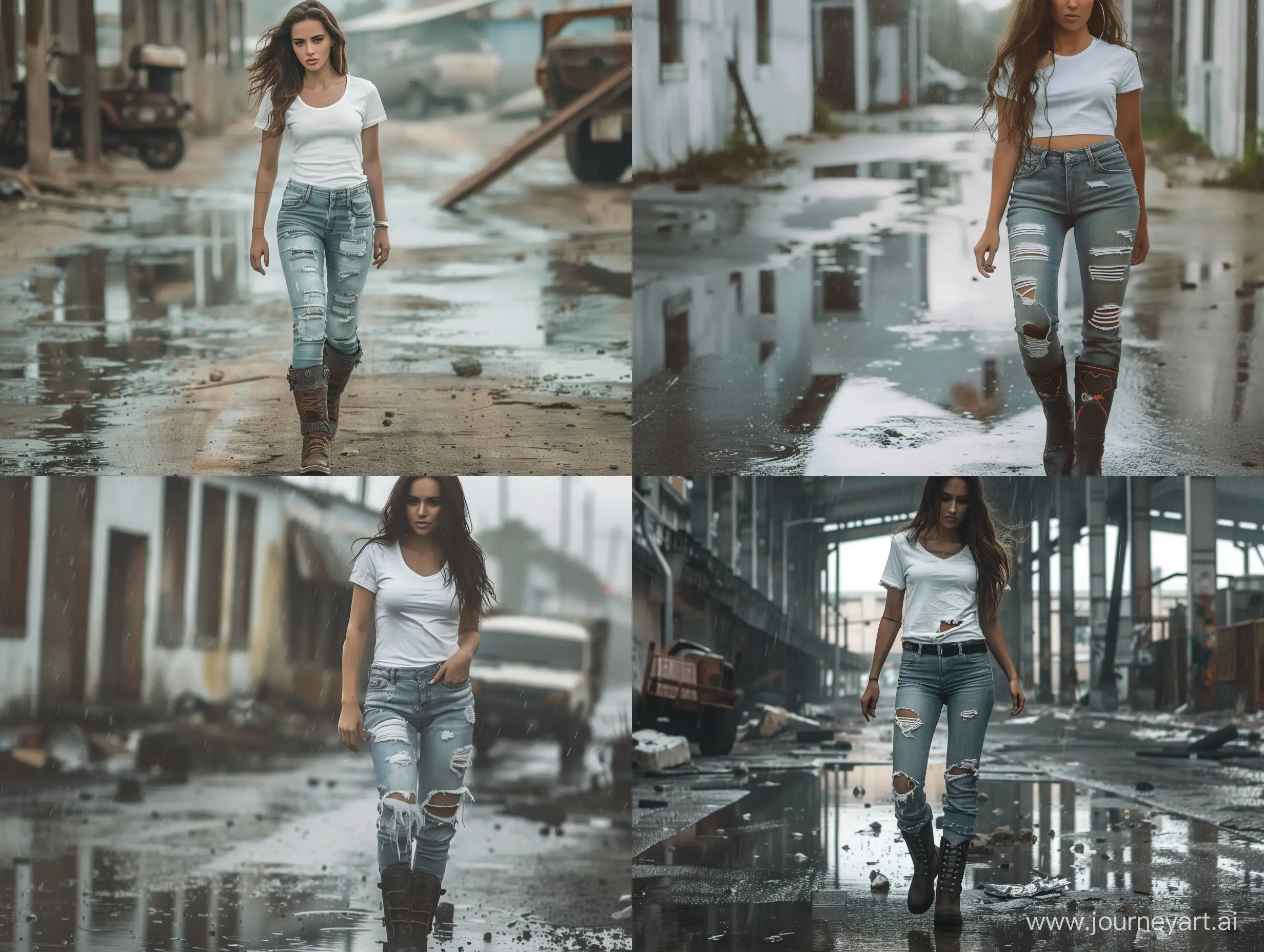 badraggled beautiful fit young woman wearing a white t shirt denim jeans and motorcycle boots walking on a post apocalyptic street in the rain