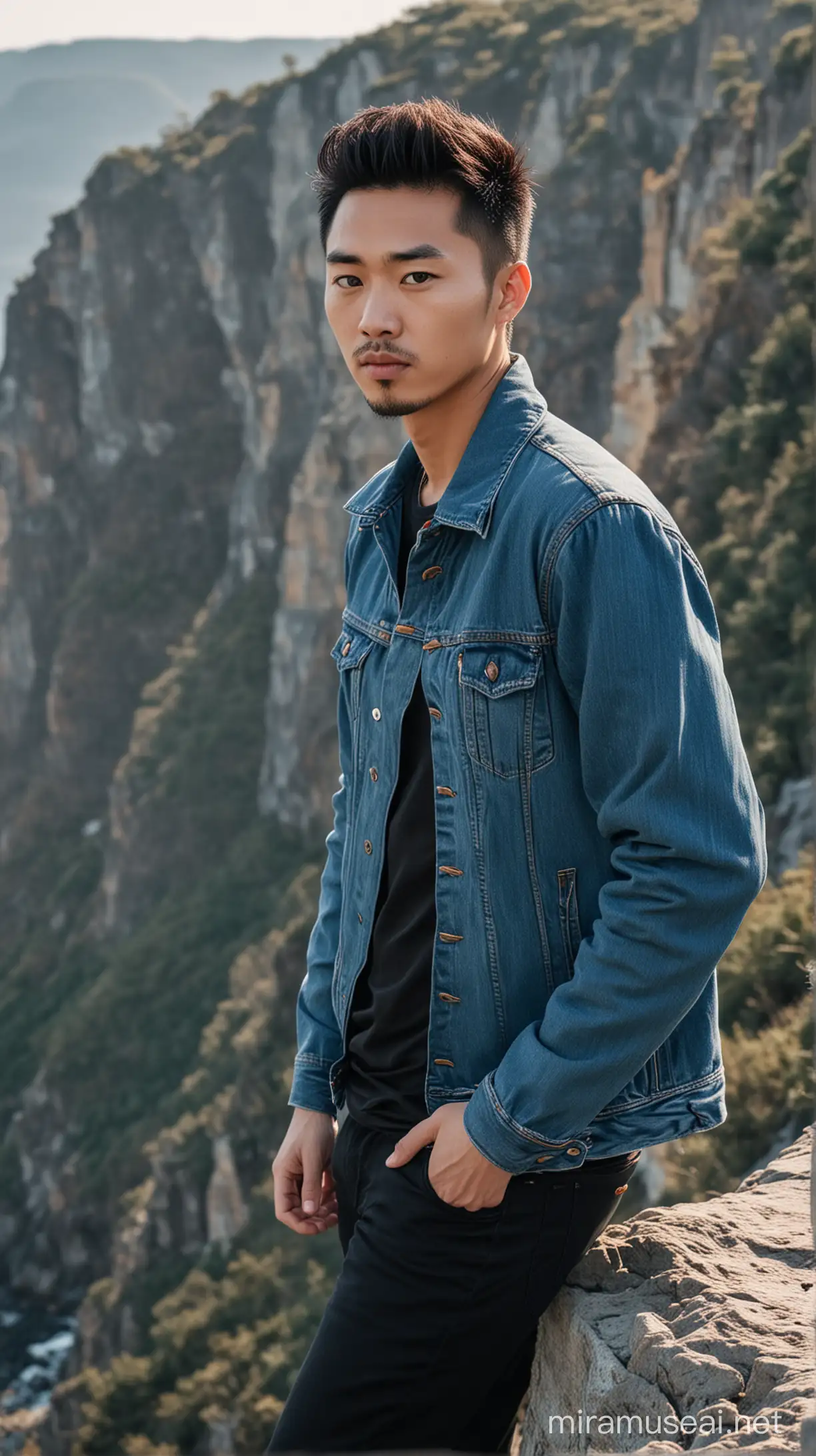 a man with an Asian face, black t-shirt, blue levis jacket, black jeans, standing on the edge of a cliff,