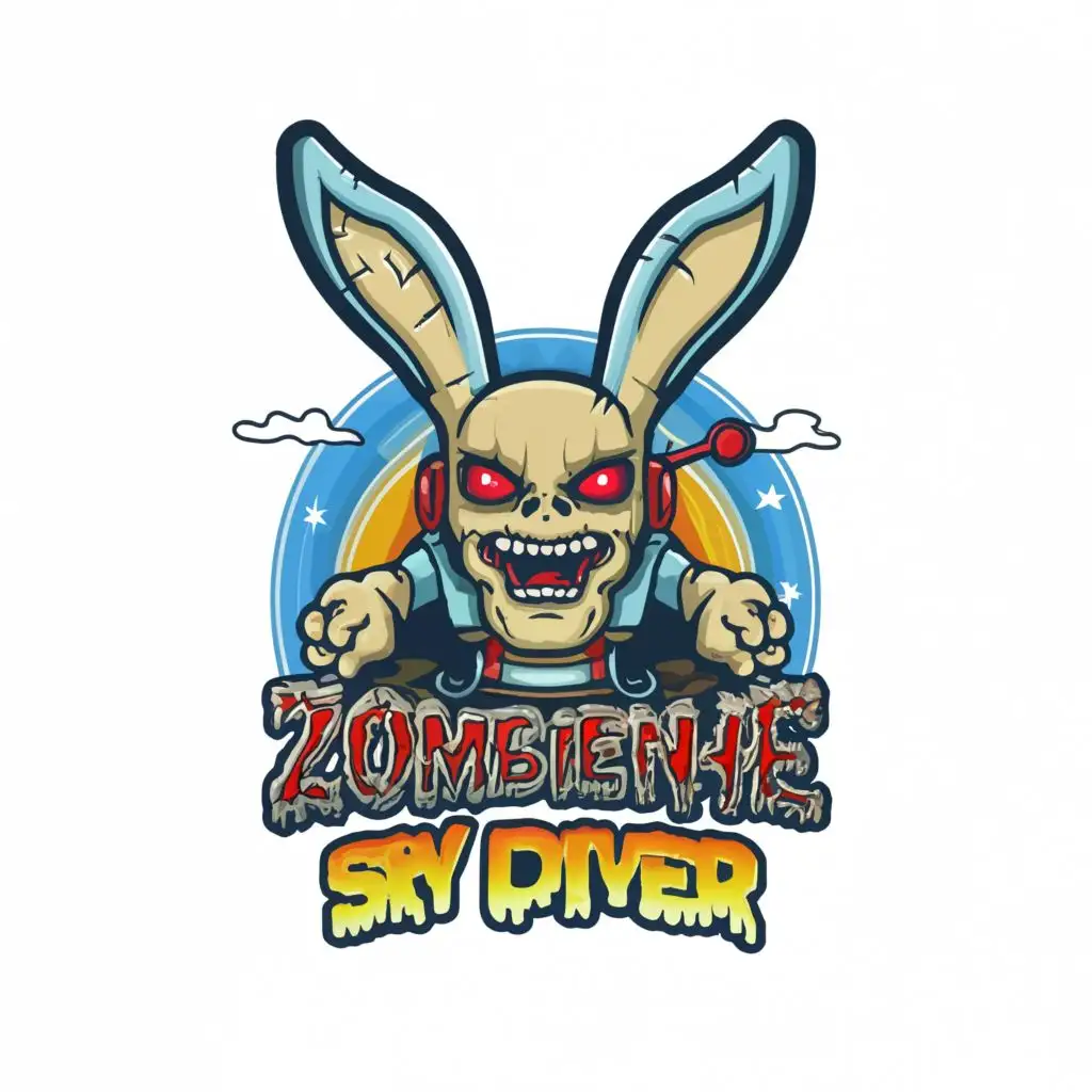 logo, original concept design logo, vector png t-shirt design of a zombie bunny sky diver, typography white background , full color image fill ,  large image ,Ultra detailed image, ultra fine sharp crisp 3 mm black outlined image , with the text "Rex" , no copyright, no watermark, with the text ".", typography