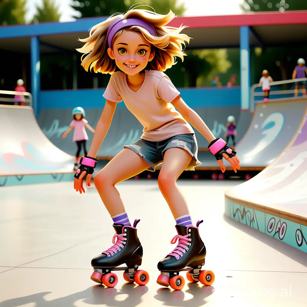 A girl practicing roller skating with roller skates in her feet, she is in a skatepark. The image is illustrative style