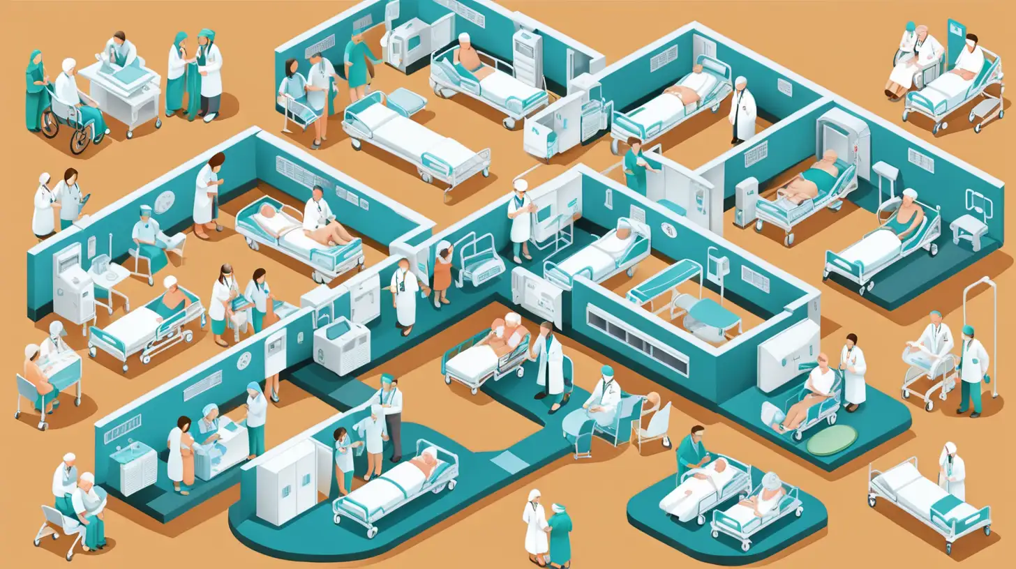 infographic with hospital, wards and elderly people, isometric illustration