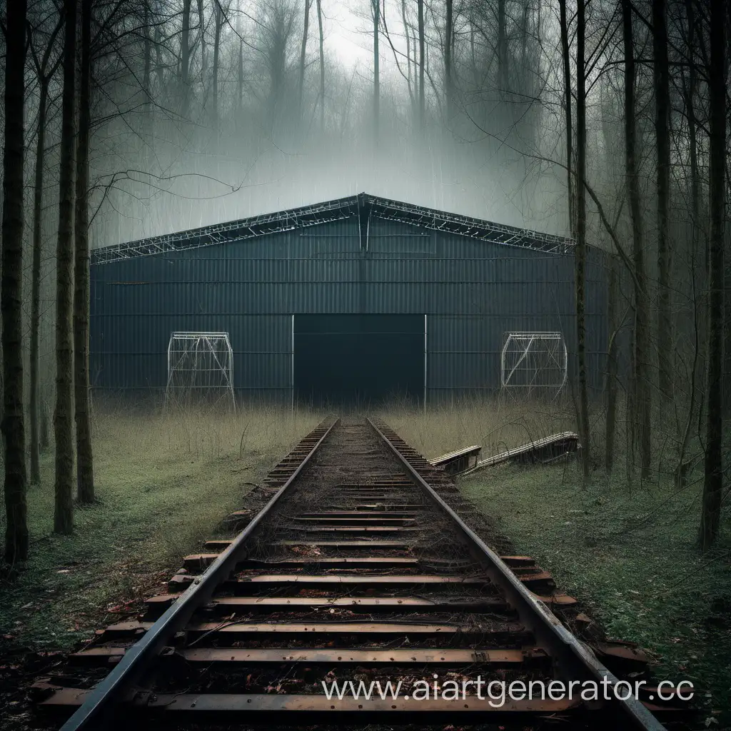 Eerie-Forest-Hangar-with-Mysterious-Rails