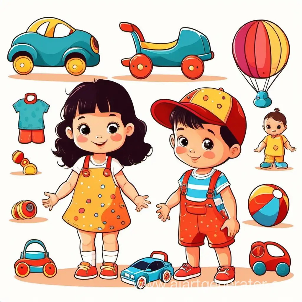мультяшные  маленькие мальчик  и  маленькая девочка малышки  с темными волосами яркой летней одежде с игрушками  в векторе